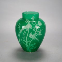 Antique Steuben Art Glass Jade Green Cutback Asian Bird & Floral Vase, C1930