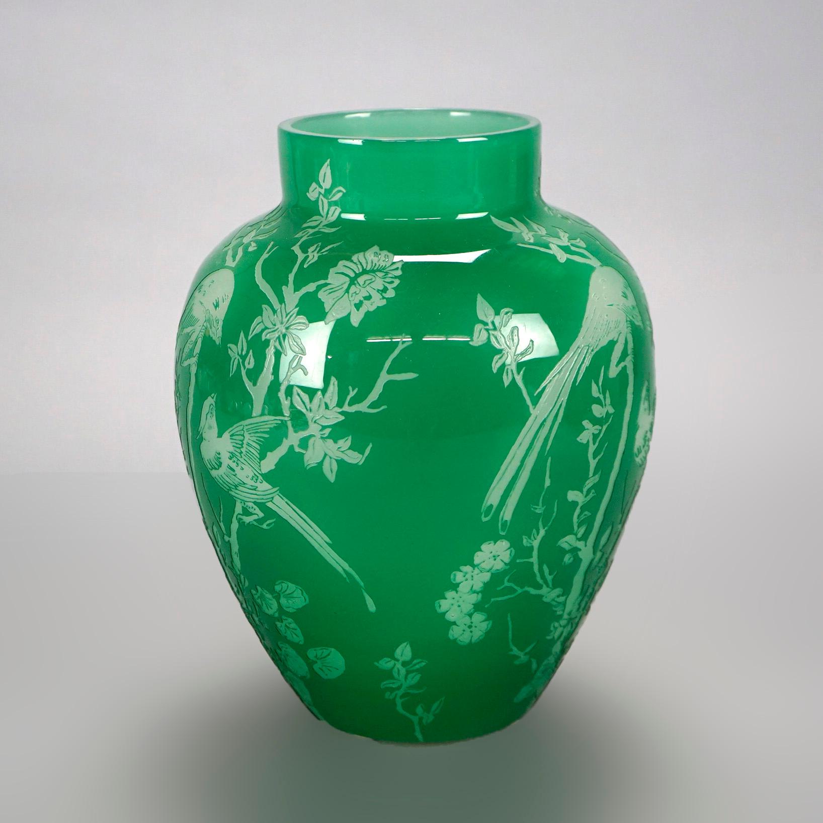 Arts and Crafts Antique Steuben Art Glass Jade Green Cutback Asian Bird & Floral Vase, C1930