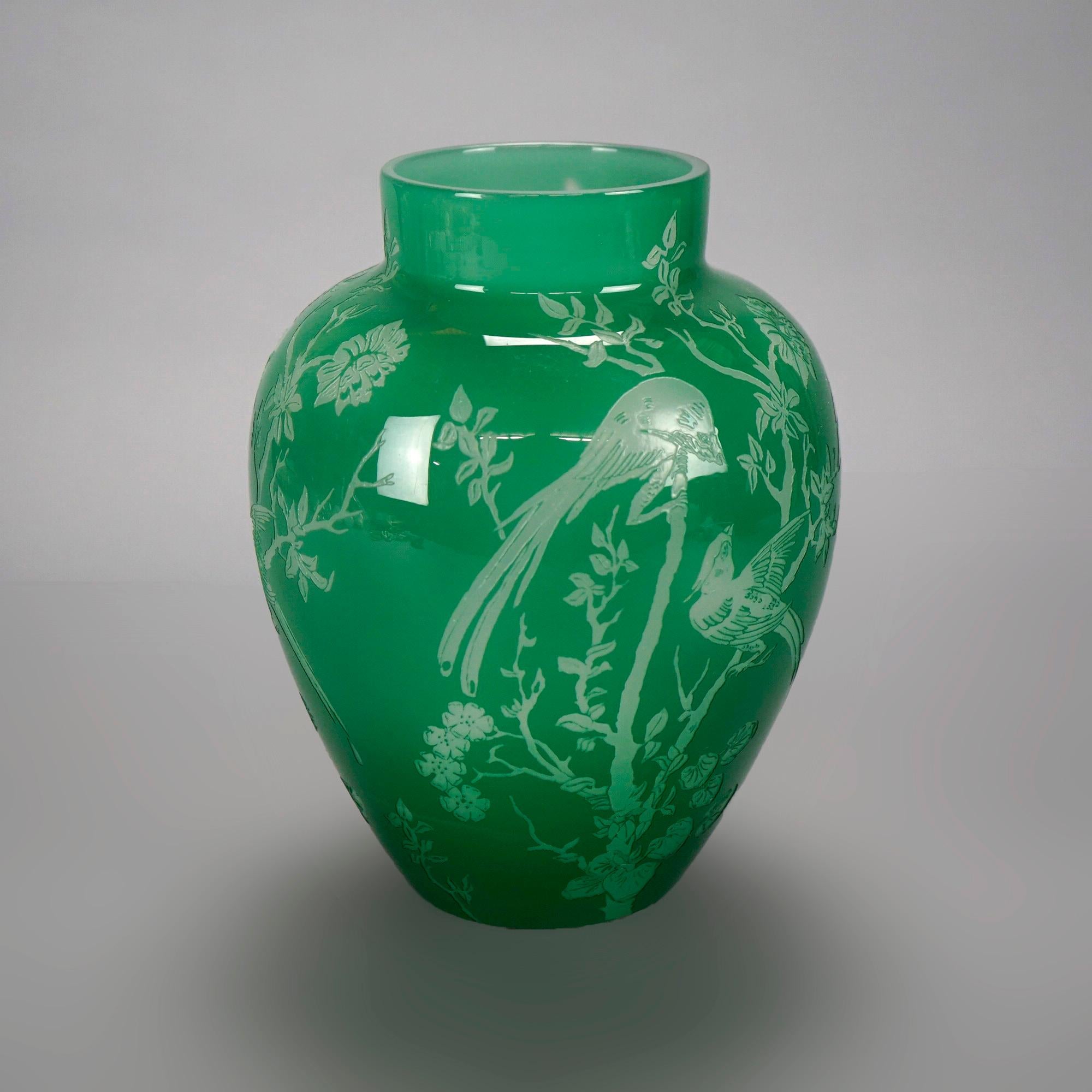 American Antique Steuben Art Glass Jade Green Cutback Asian Bird & Floral Vase, C1930