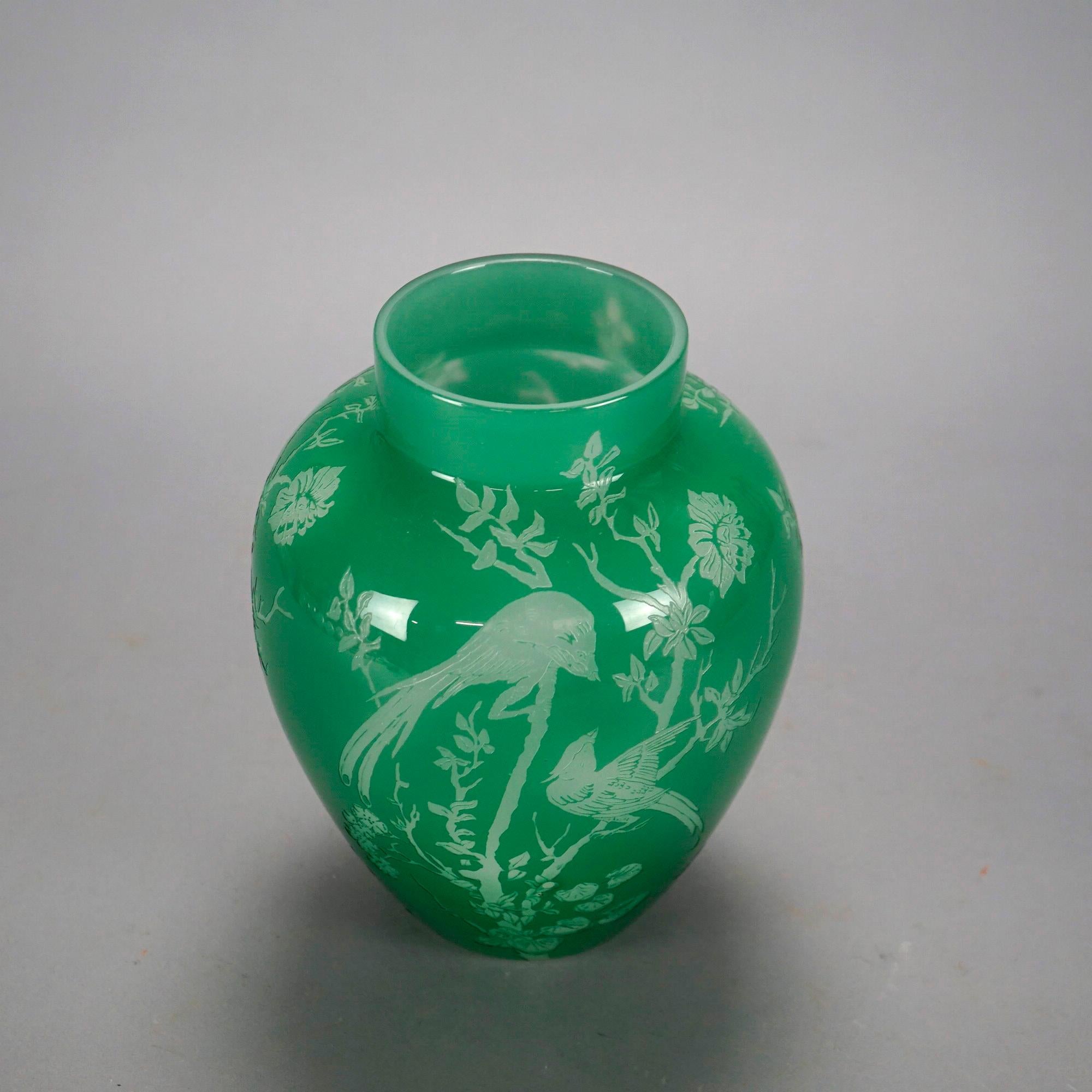 Antique Steuben Art Glass Jade Green Cutback Asian Bird & Floral Vase, C1930 In Good Condition In Big Flats, NY