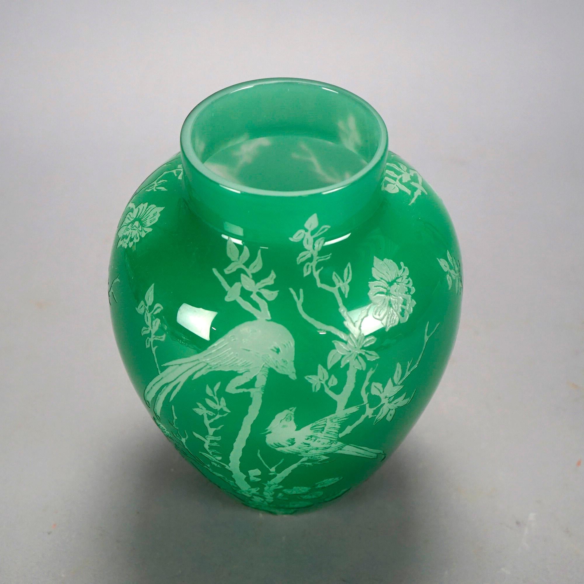 20th Century Antique Steuben Art Glass Jade Green Cutback Asian Bird & Floral Vase, C1930