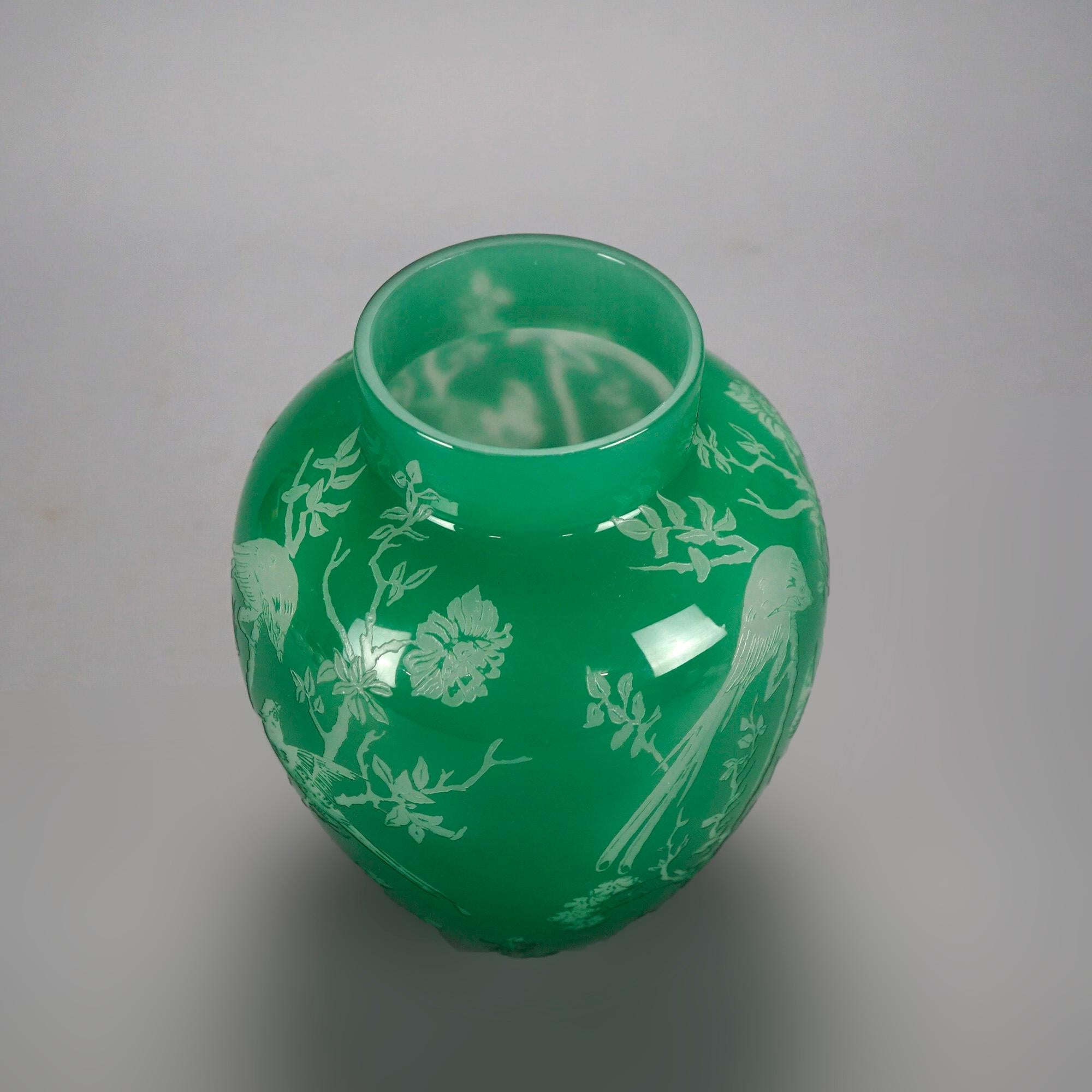 Antique Steuben Art Glass Jade Green Cutback Asian Bird & Floral Vase, C1930 1