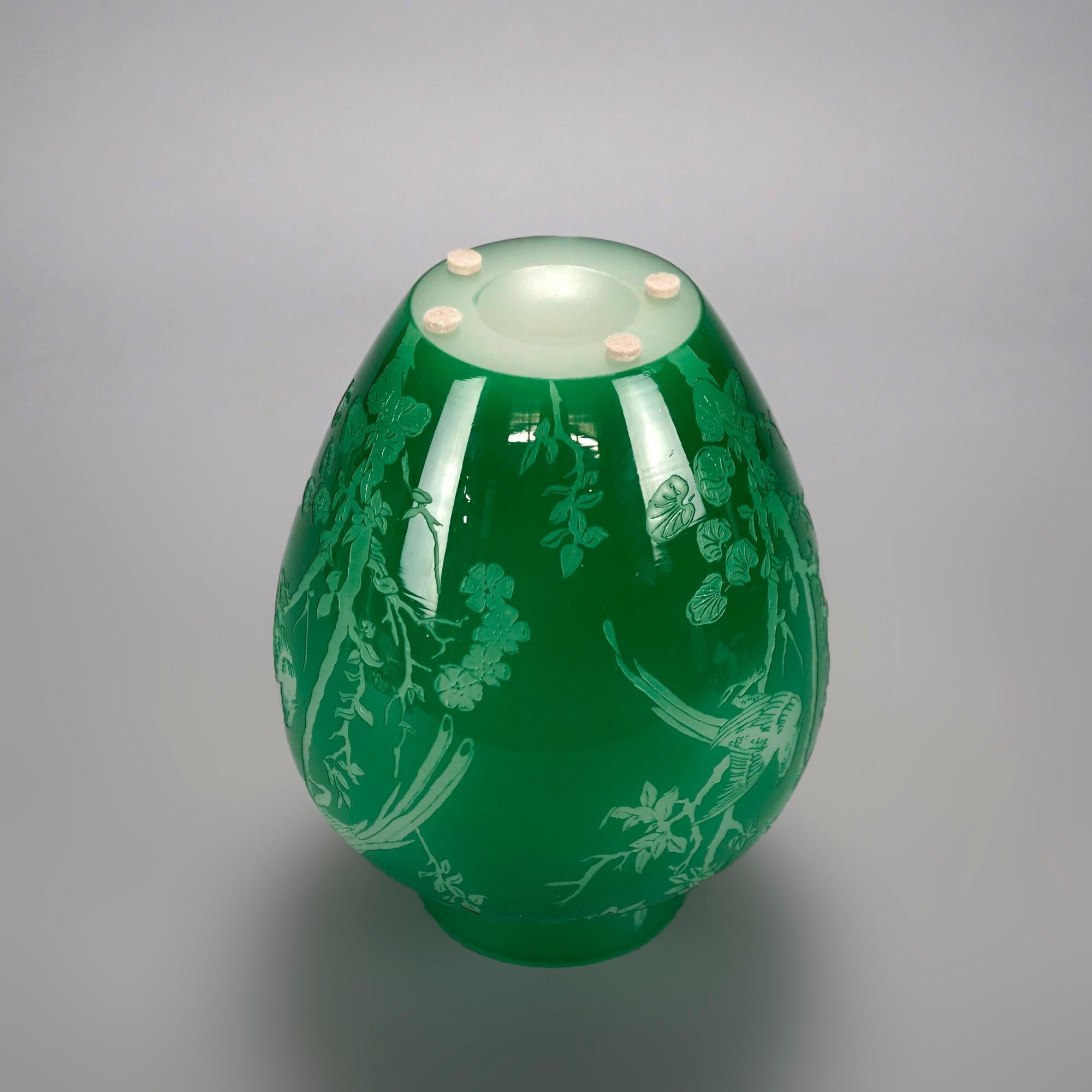 Antique Steuben Art Glass Jade Green Cutback Asian Bird & Floral Vase, C1930 2