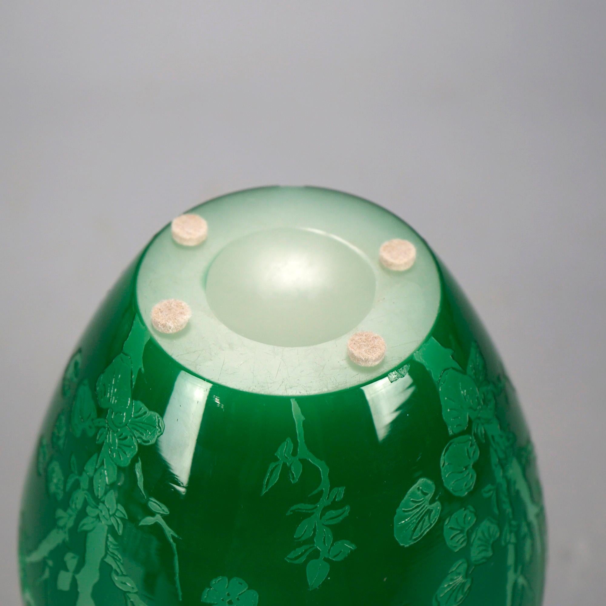 Antique Steuben Art Glass Jade Green Cutback Asian Bird & Floral Vase, C1930 3