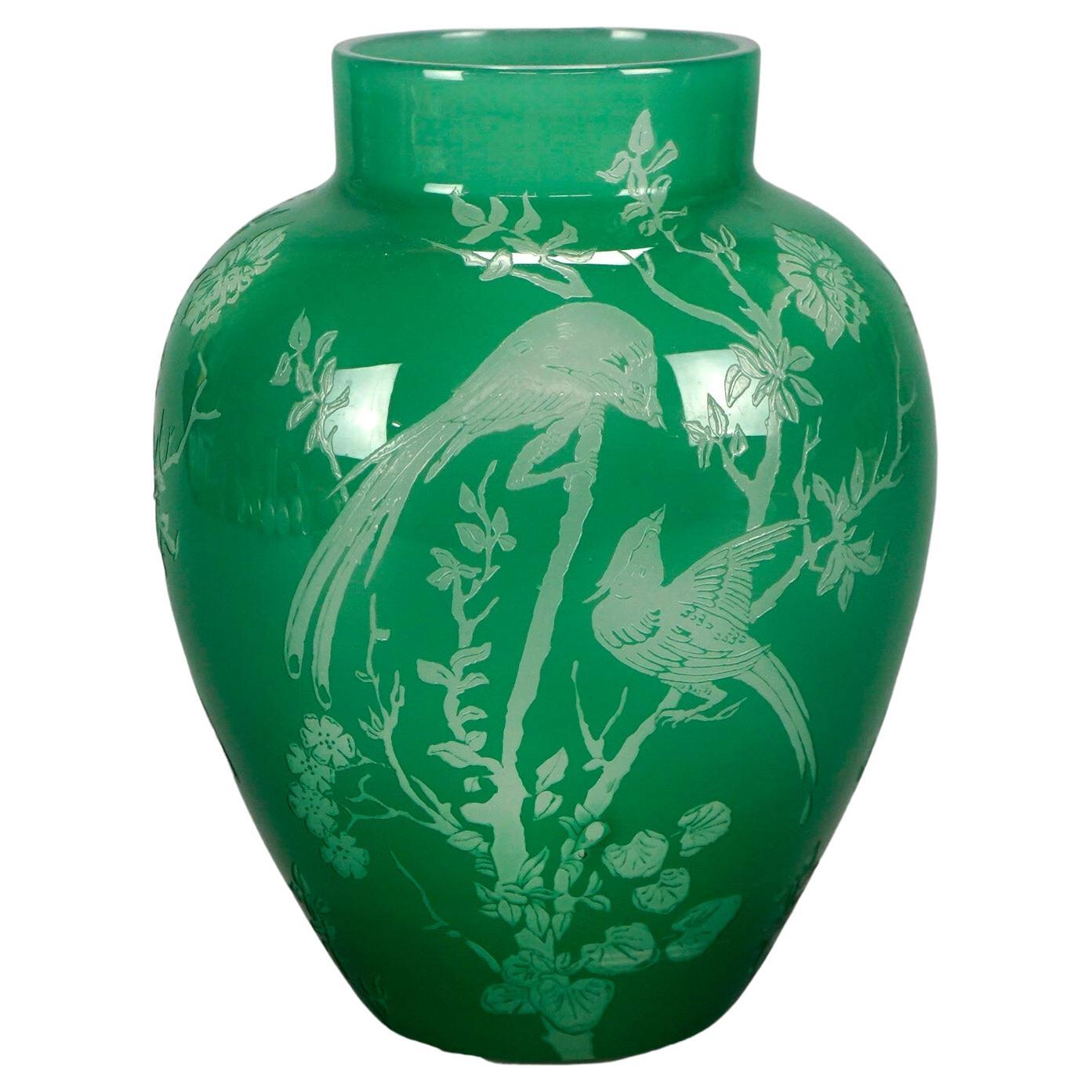Antique Steuben Art Glass Jade Green Cutback Asian Bird & Floral Vase, C1930