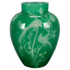 Antique Steuben Art Glass Jade Green Cutback Asian Bird & Floral Vase, C1930