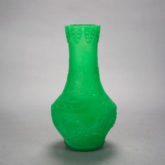 Antique Steuben Art Glass Jade Green Deep Cut Floral Vase, circa 1930