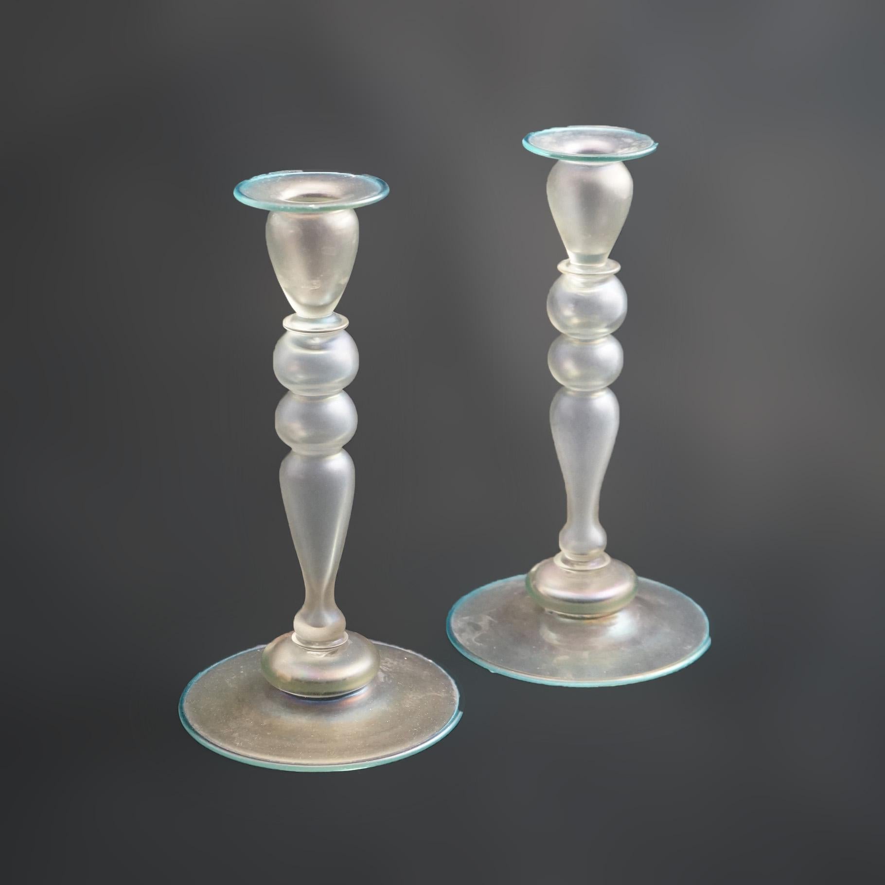 Antique Steuben Art Glass Verre De Soie Candlesticks Circa 1920 4