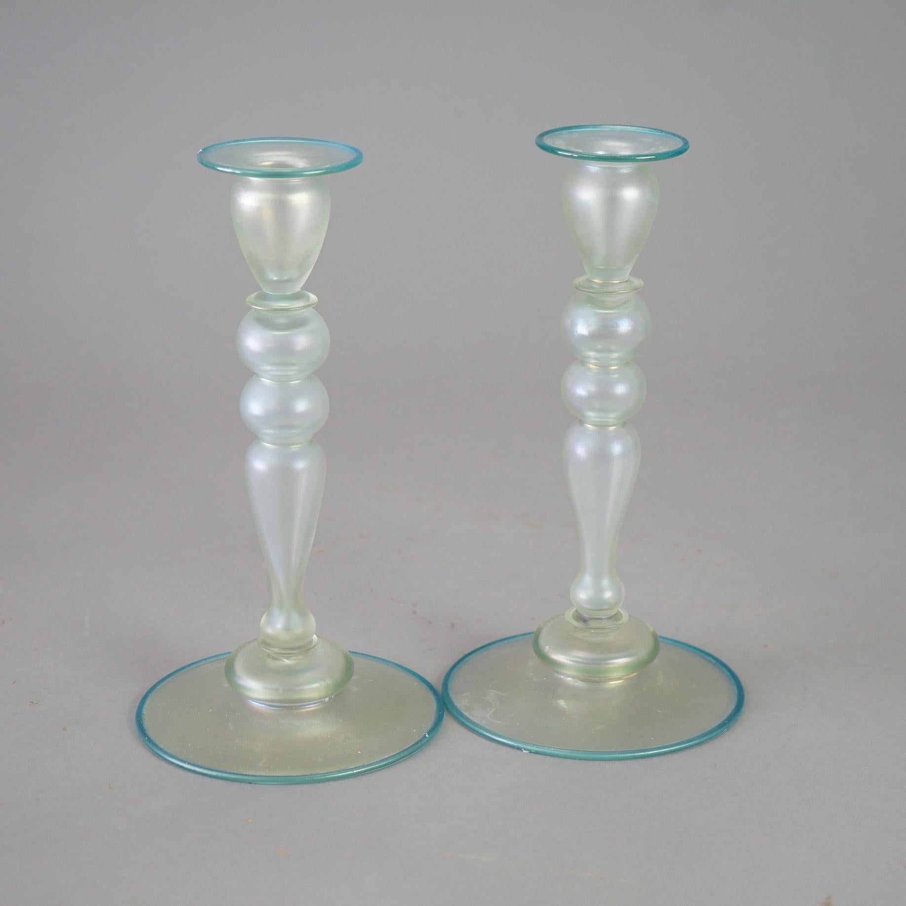 Antique Steuben Art Glass Verre De Soie Candlesticks Circa 1920 In Good Condition In Big Flats, NY
