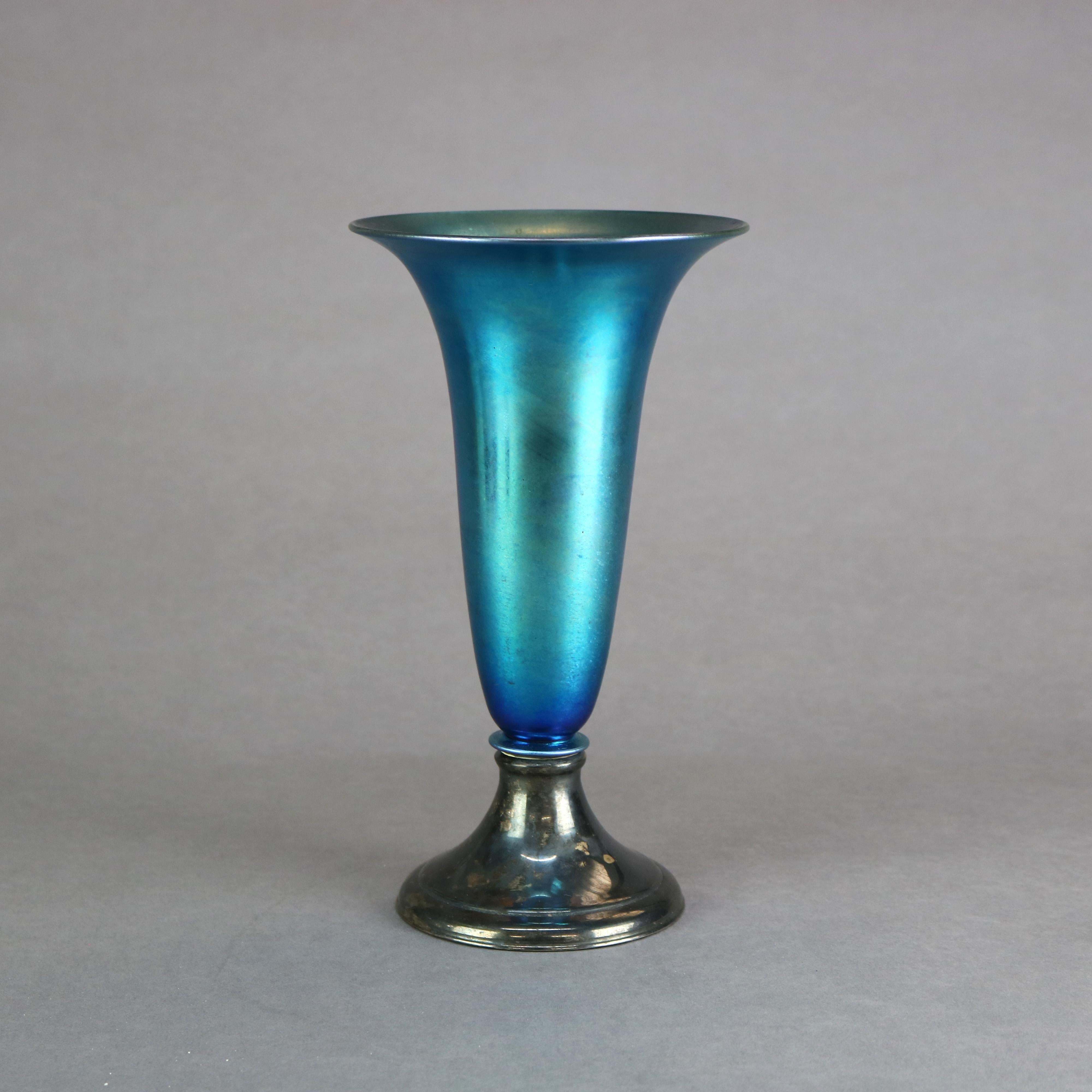 Arts and Crafts Antique Steuben Blue Aurene Art Glass & Sterling Silver Trumpet Vase, circa 1920