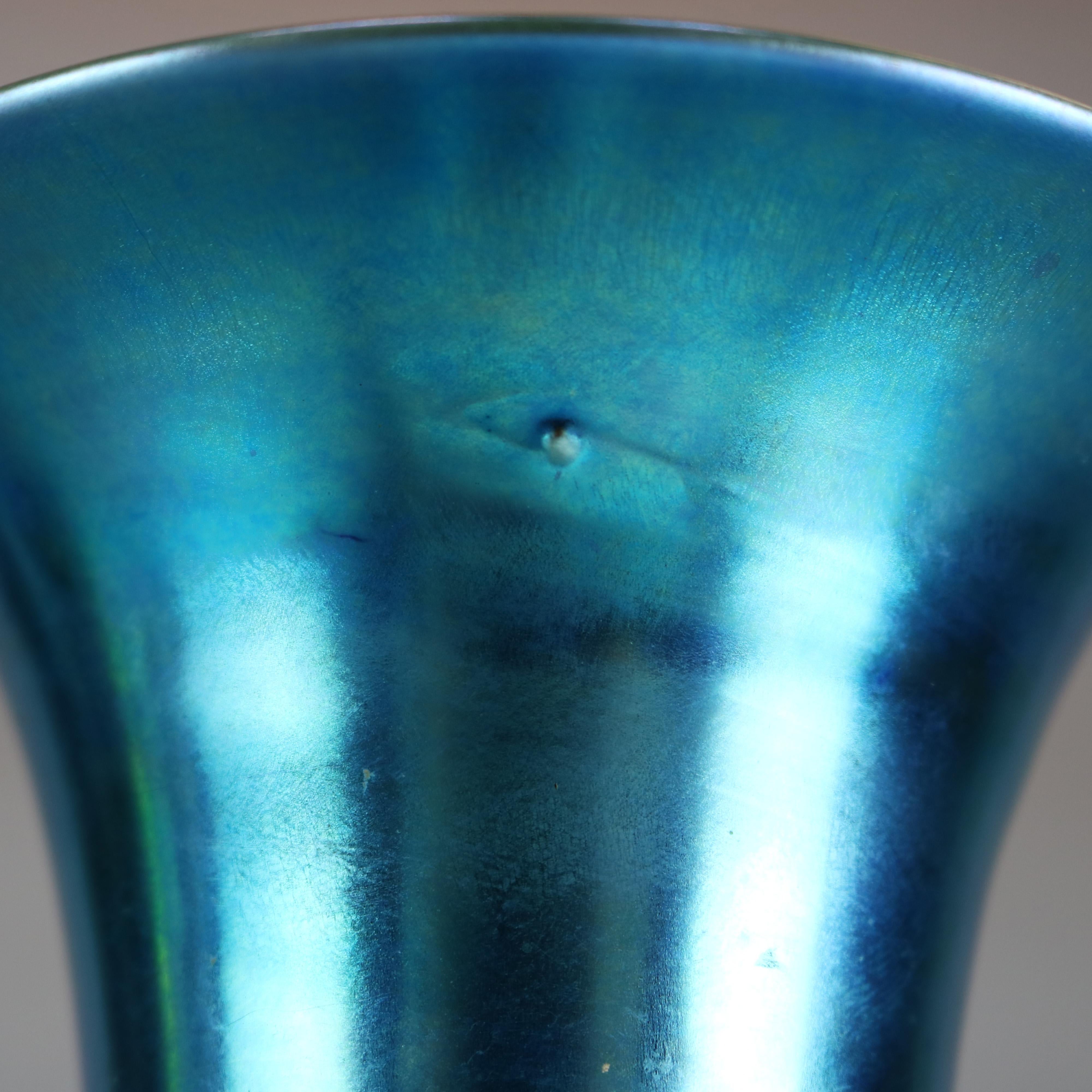 Antique Steuben Blue Aurene Art Glass & Sterling Silver Trumpet Vase, circa 1920 In Good Condition In Big Flats, NY