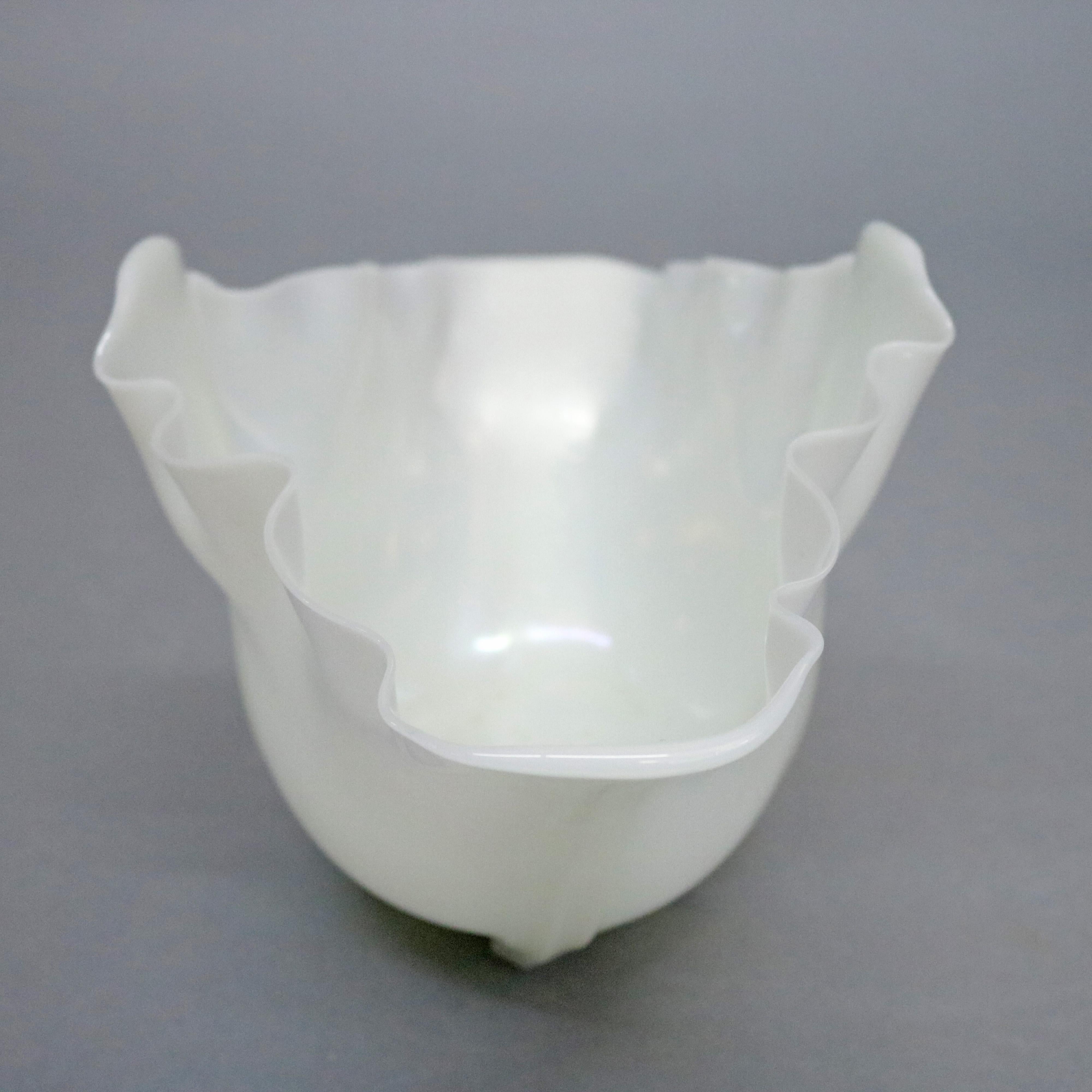 Steuben calcite footed center vase features ruffled handkerchief bowl, original paper label. Measures: 6.5