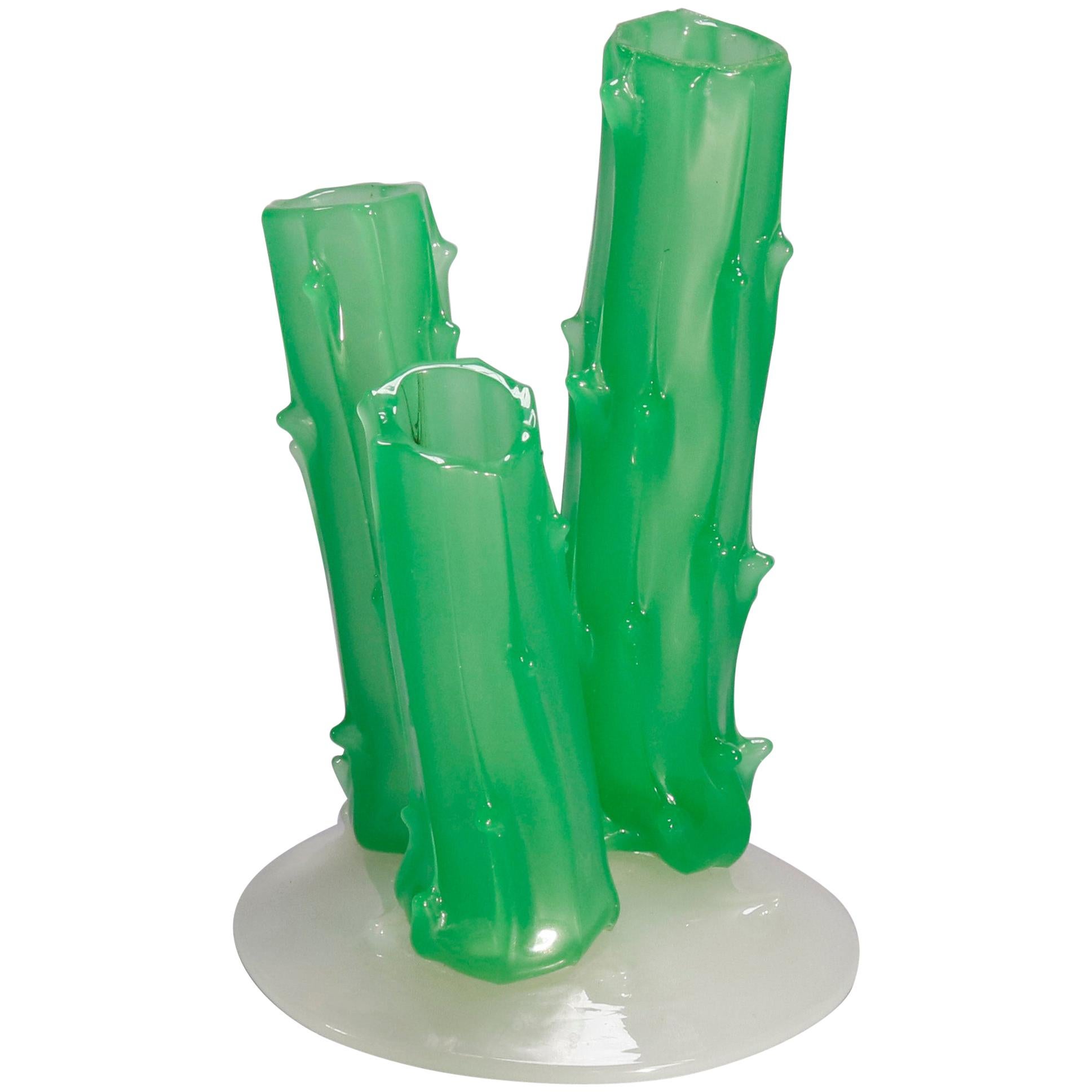 Antique Steuben Carder Jade Green Art Glass 3-Prong Trunk Vase, circa 1920