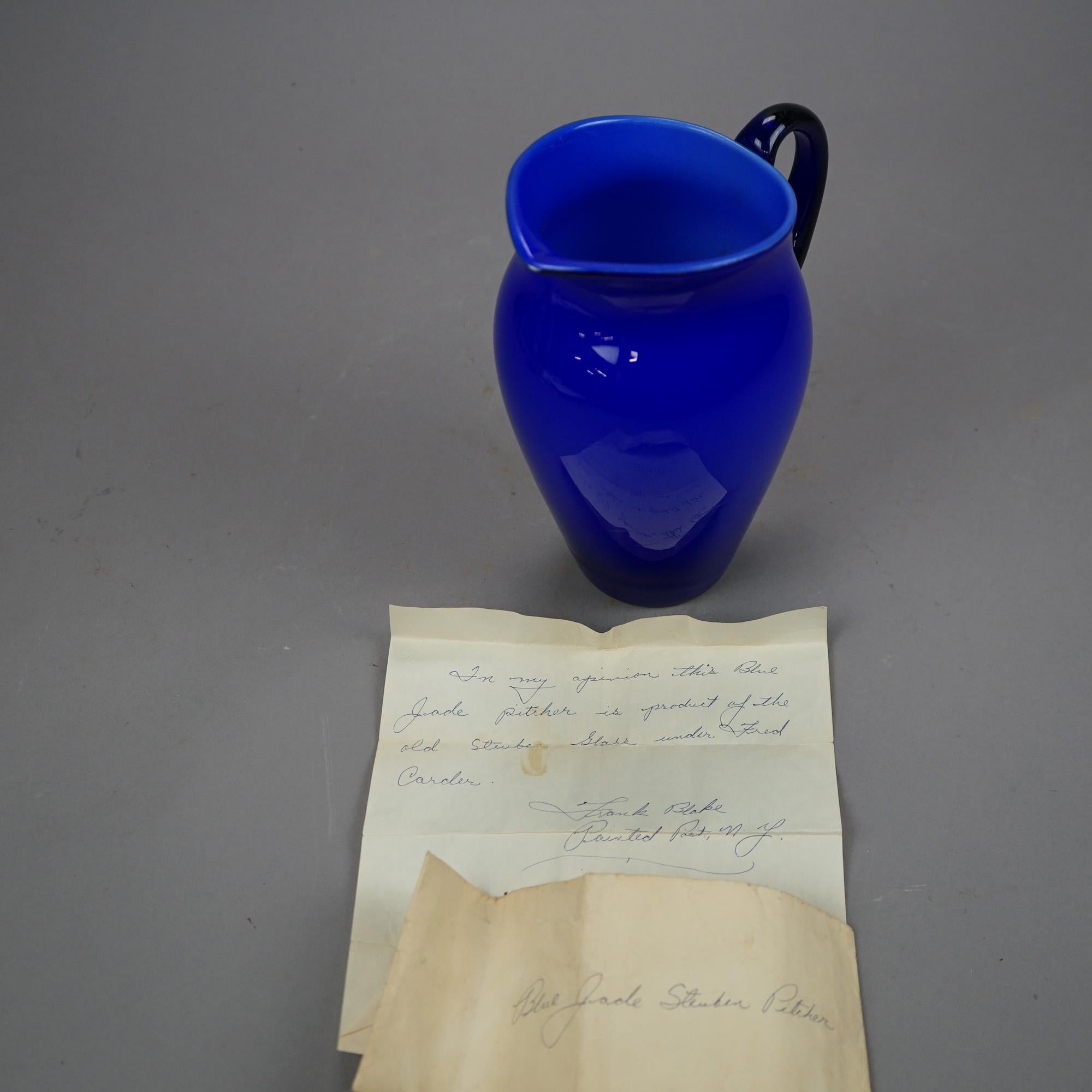 Pichet à eau ancien en verre d'art cobalt de Steuben, vers 1920 en vente 2
