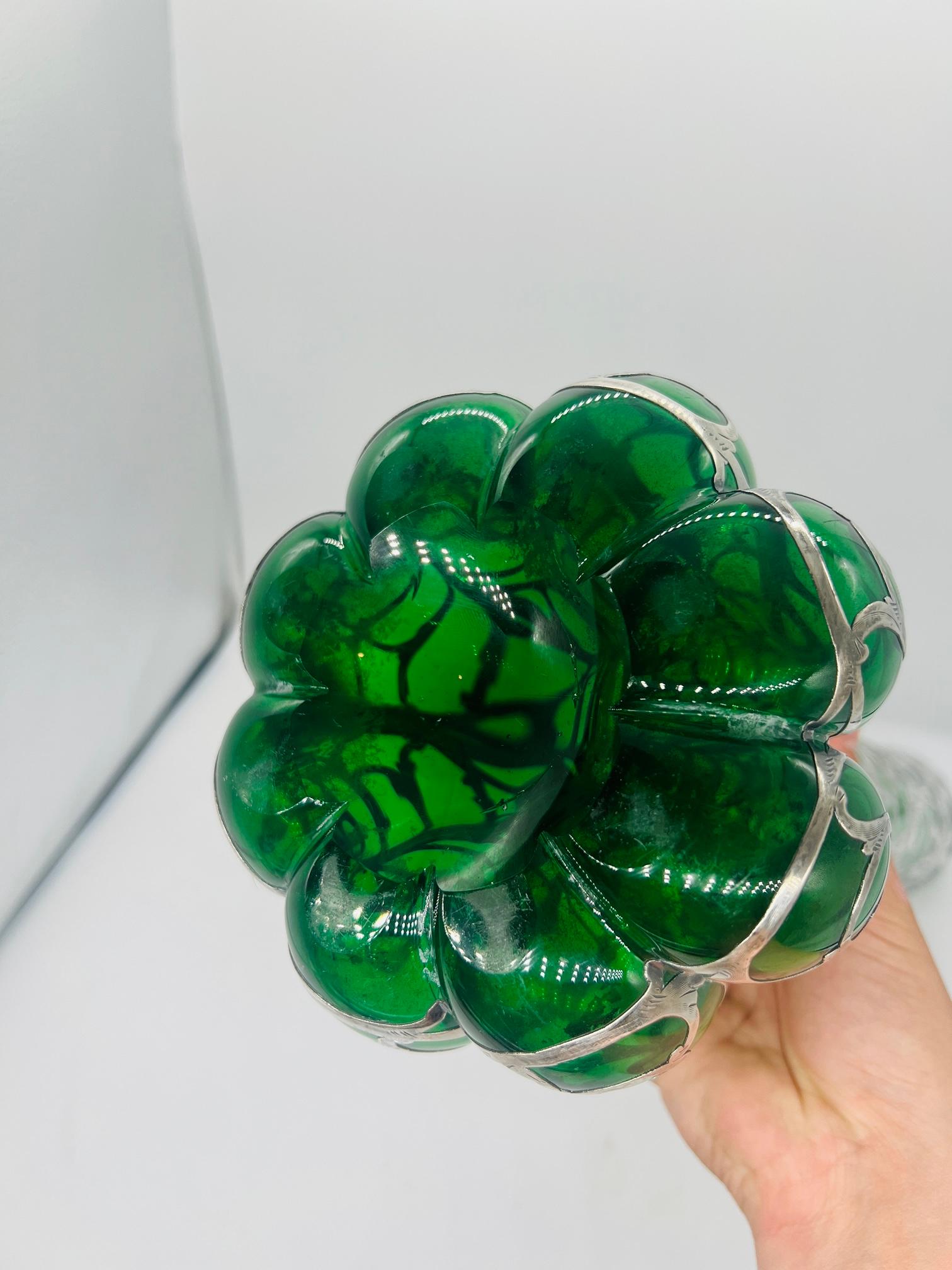 Antique Steuben Emerald Glass Vase With Alvin Sterling Silver Sunflower Overlay For Sale 4
