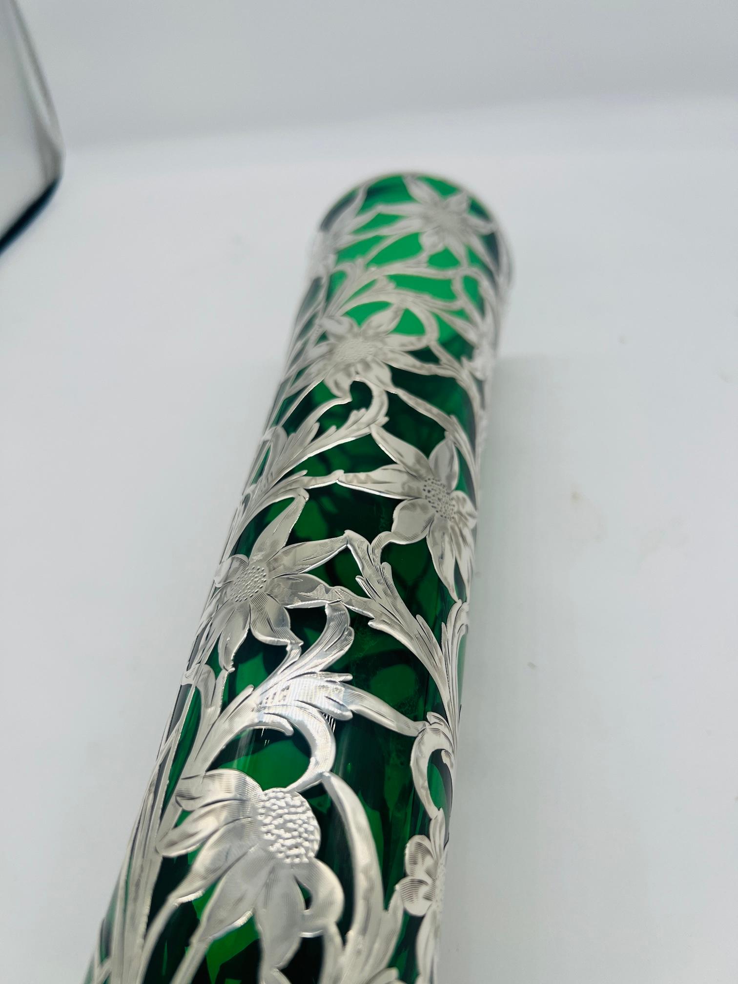 Antique Steuben Emerald Glass Vase With Alvin Sterling Silver Sunflower Overlay For Sale 5