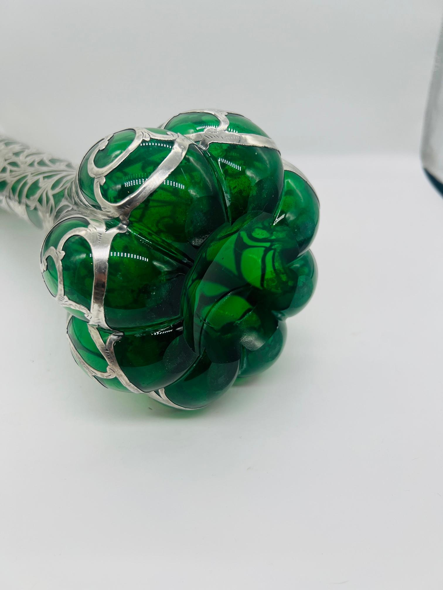 Antique Steuben Emerald Glass Vase With Alvin Sterling Silver Sunflower Overlay For Sale 6