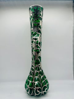Antique Steuben Emerald Glass Vase With Alvin Sterling Silver Sunflower Overlay