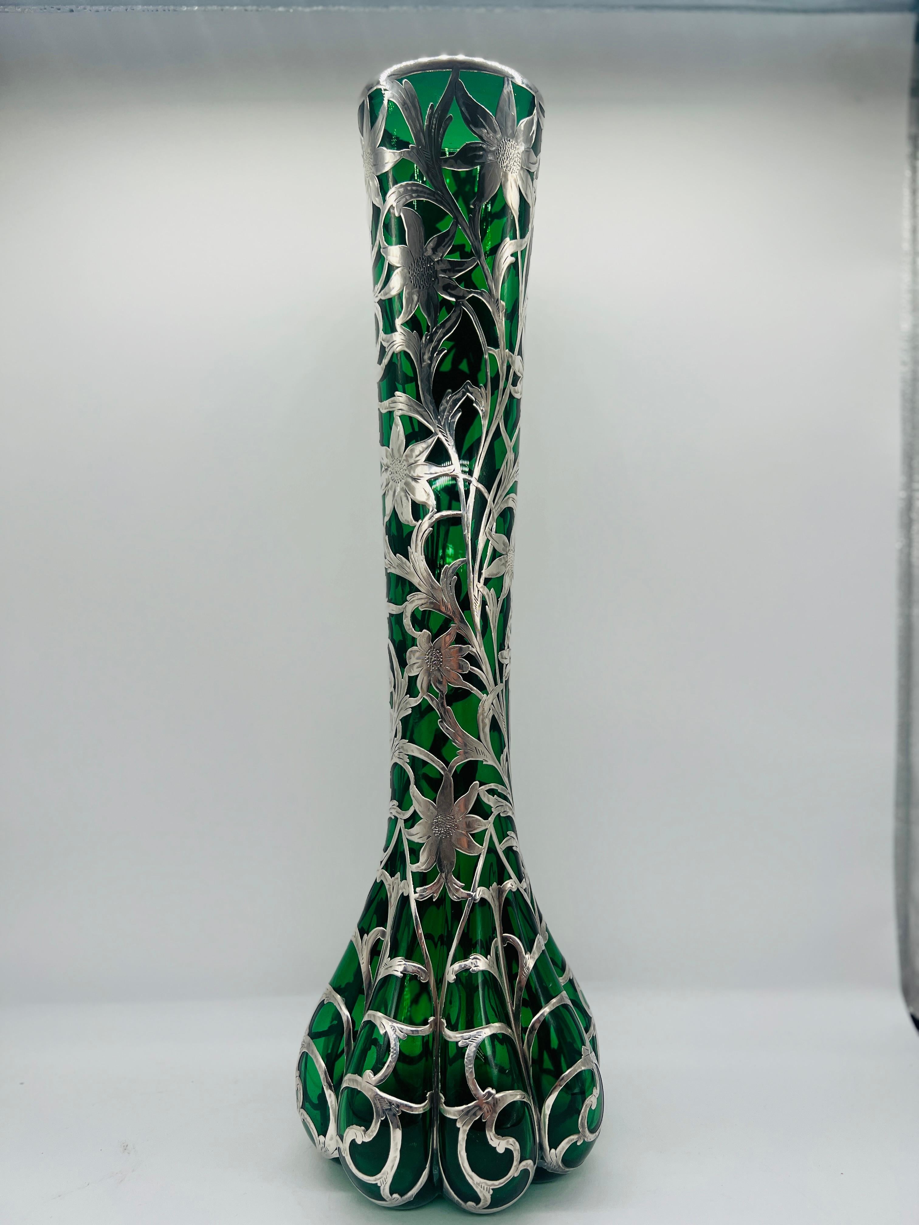 Art Nouveau Antique Steuben Emerald Glass Vase With Alvin Sterling Silver Sunflower Overlay For Sale