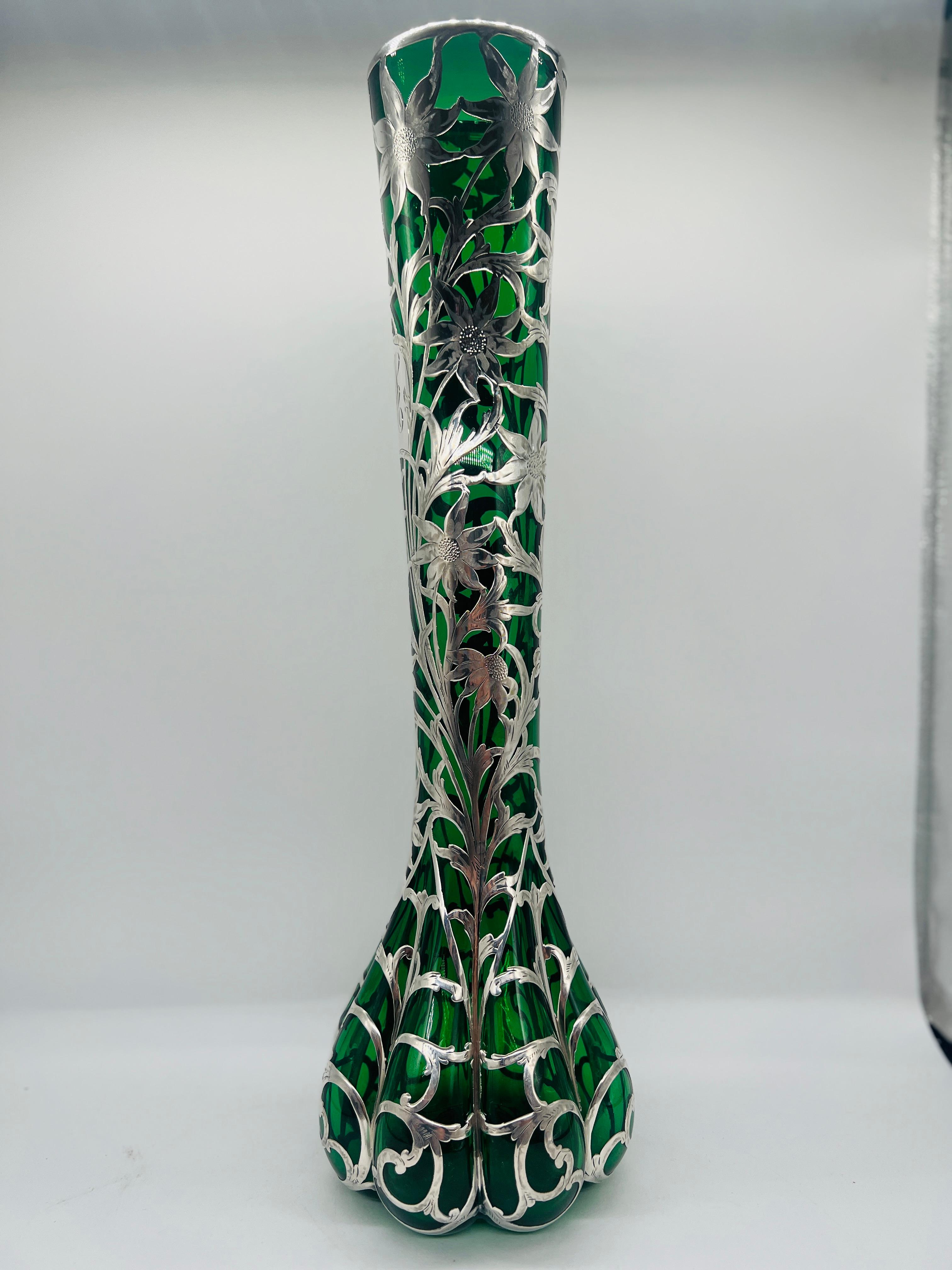 American Antique Steuben Emerald Glass Vase With Alvin Sterling Silver Sunflower Overlay For Sale
