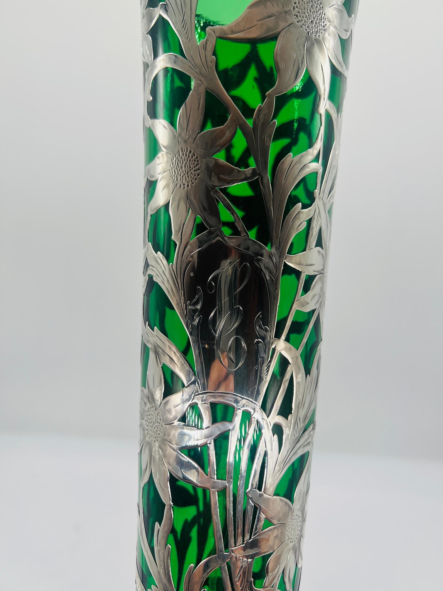 Antique Steuben Emerald Glass Vase With Alvin Sterling Silver Sunflower Overlay In Good Condition For Sale In Atlanta, GA