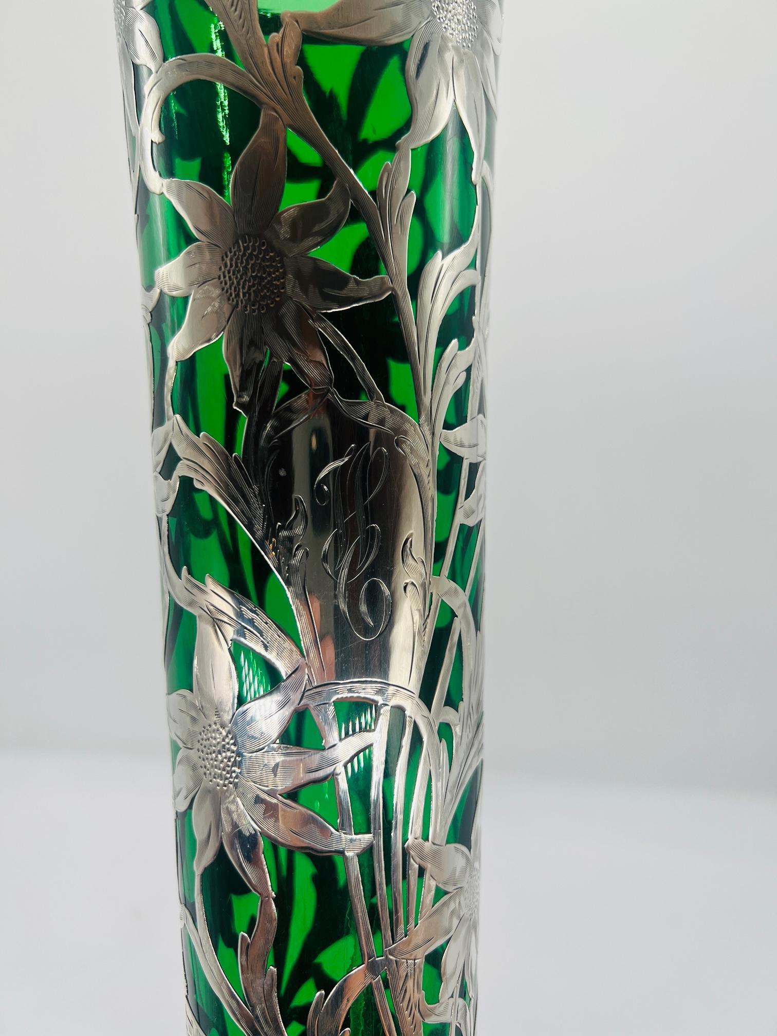 20th Century Antique Steuben Emerald Glass Vase With Alvin Sterling Silver Sunflower Overlay For Sale