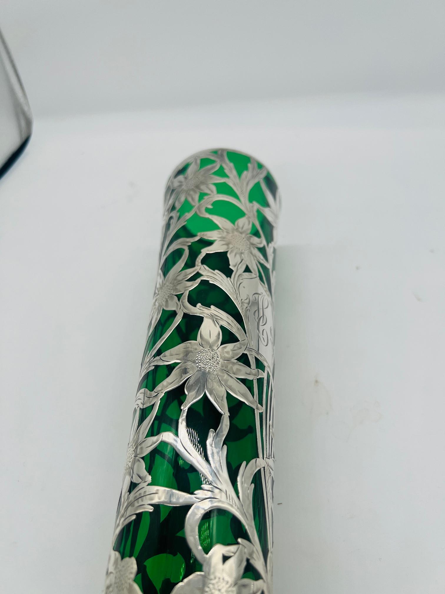 Antique Steuben Emerald Glass Vase With Alvin Sterling Silver Sunflower Overlay For Sale 2