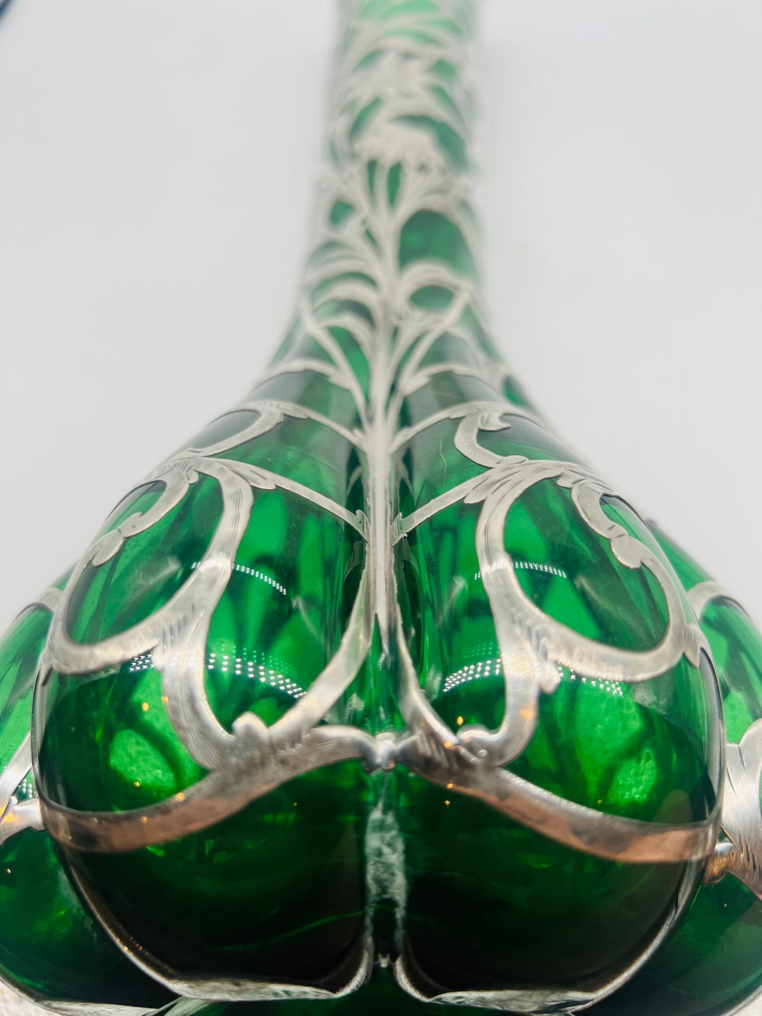 Antique Steuben Emerald Glass Vase With Alvin Sterling Silver Sunflower Overlay For Sale 3