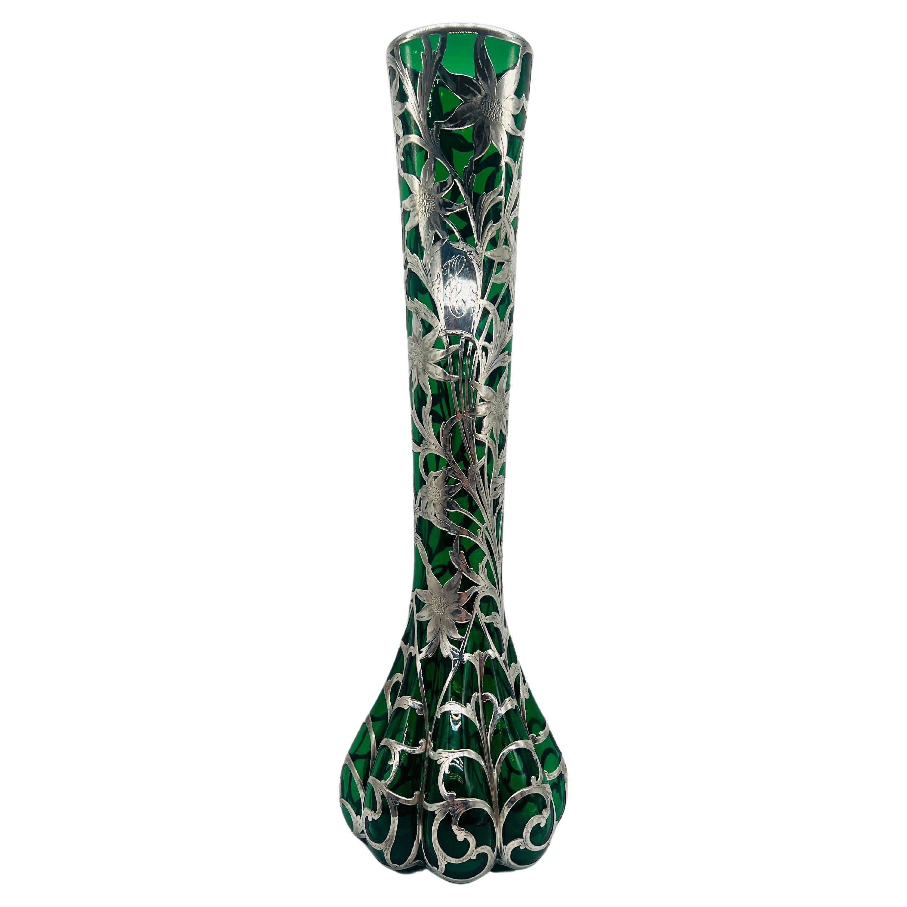 Antique Steuben Emerald Glass Vase With Alvin Sterling Silver Sunflower Overlay