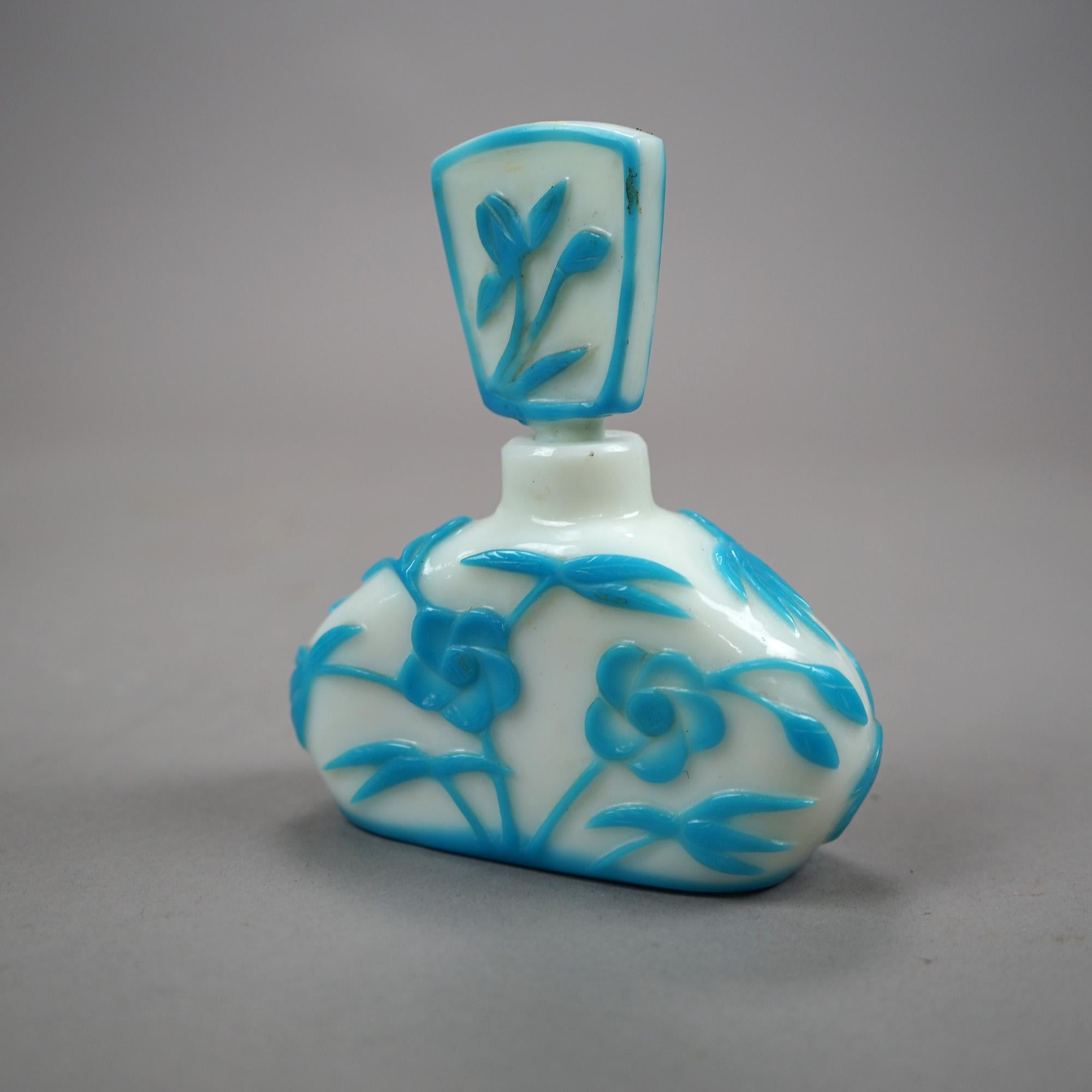 Glass Antique Steuben Floral Cut Back Aqua Blue Perfume Bottle, Circa 1920