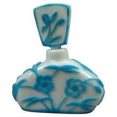 Antique Steuben Floral Cut Back Aqua Blue Perfume Bottle, Circa 1920