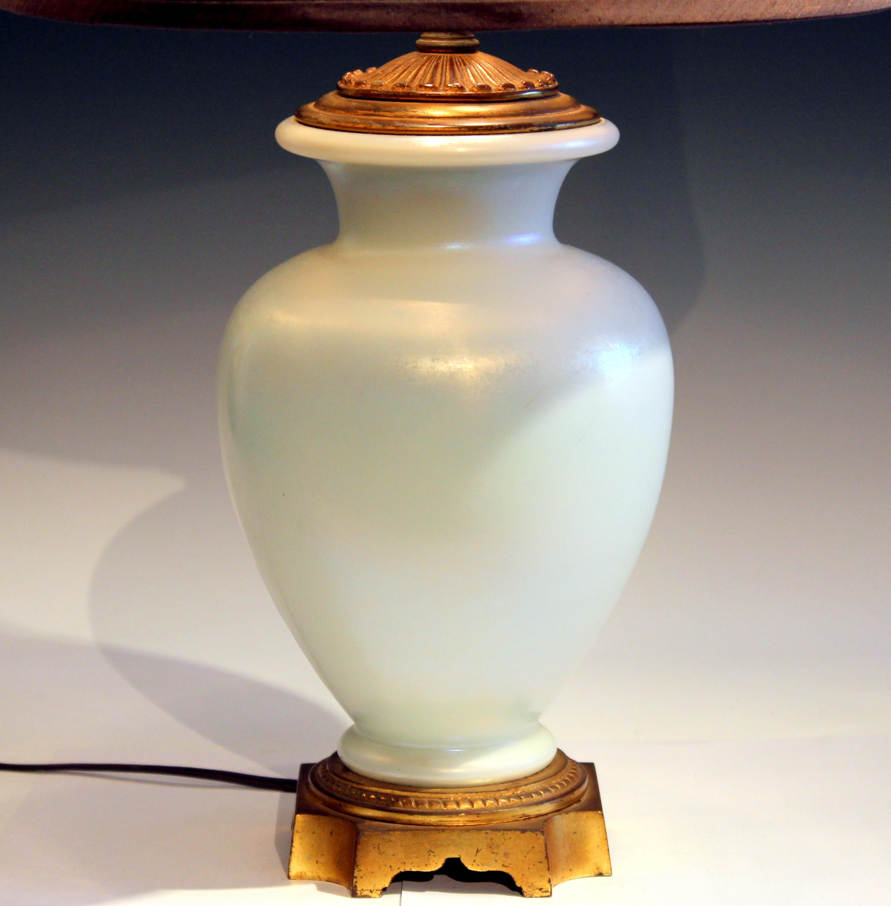 Blown Glass Antique Steuben Glass Ivrene Aurene Iridescent Vase Lamp Art Deco Gilt Bronze For Sale