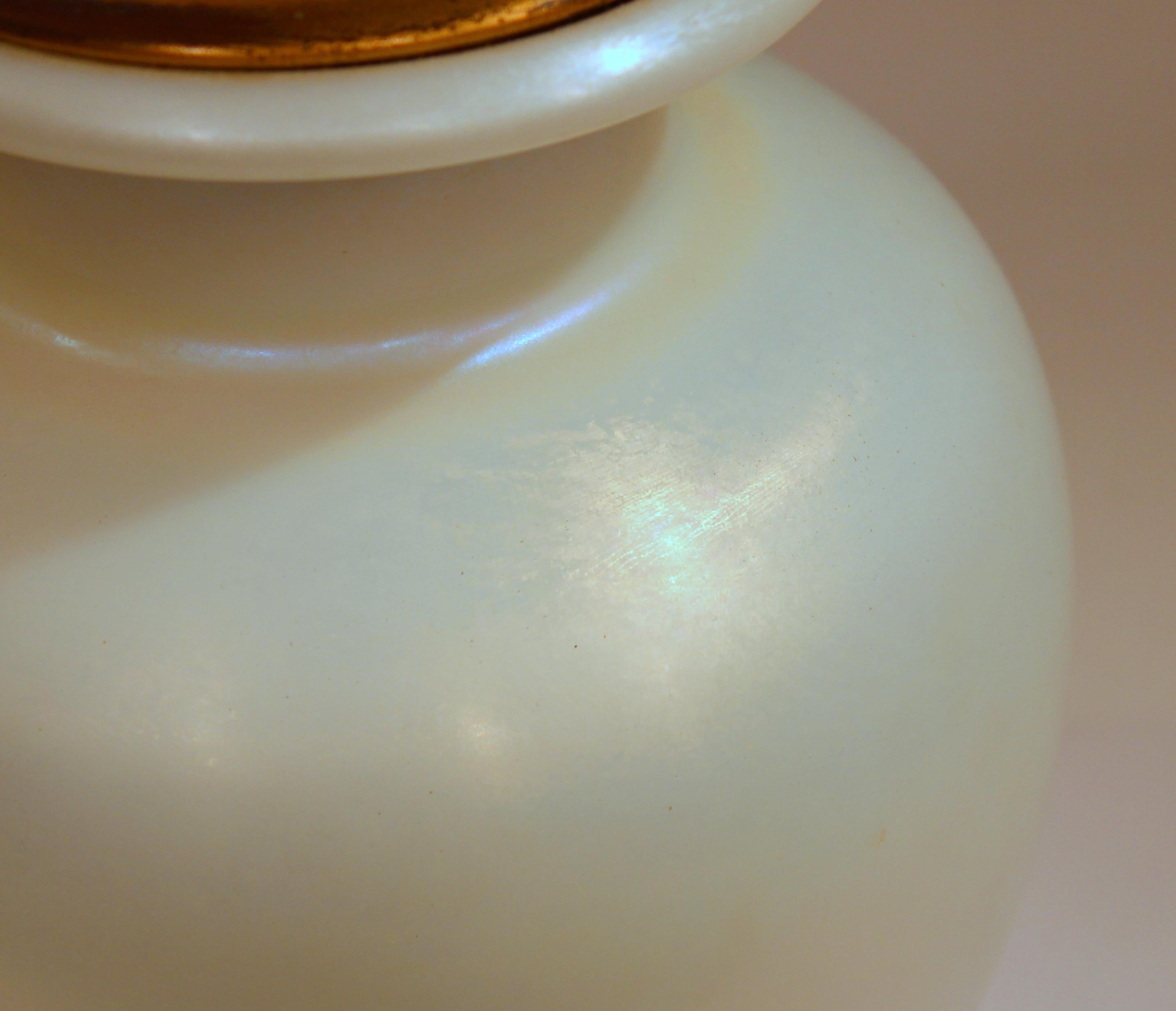 Hand-Crafted Antique Steuben Glass Ivrene Aurene Iridescent Vase Lamp Art Deco Gilt Bronze For Sale