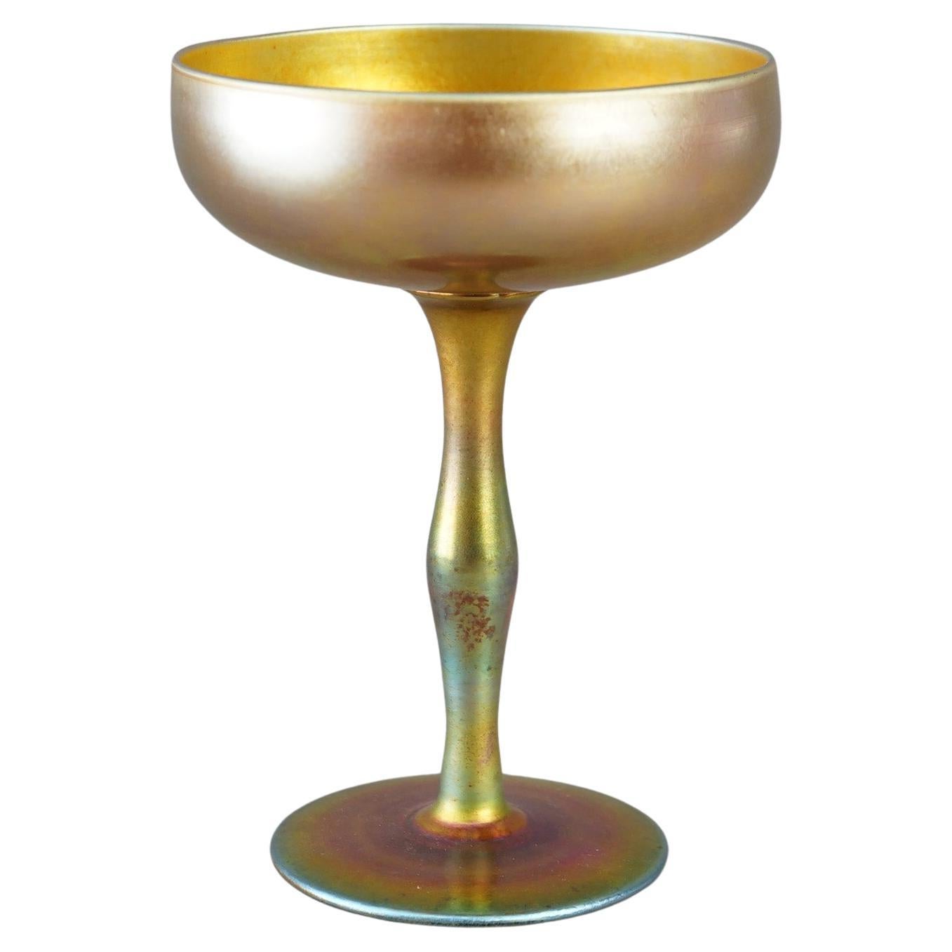 Antique Steuben Gold Aurene Art Glass Compote Circa 1920, Signed