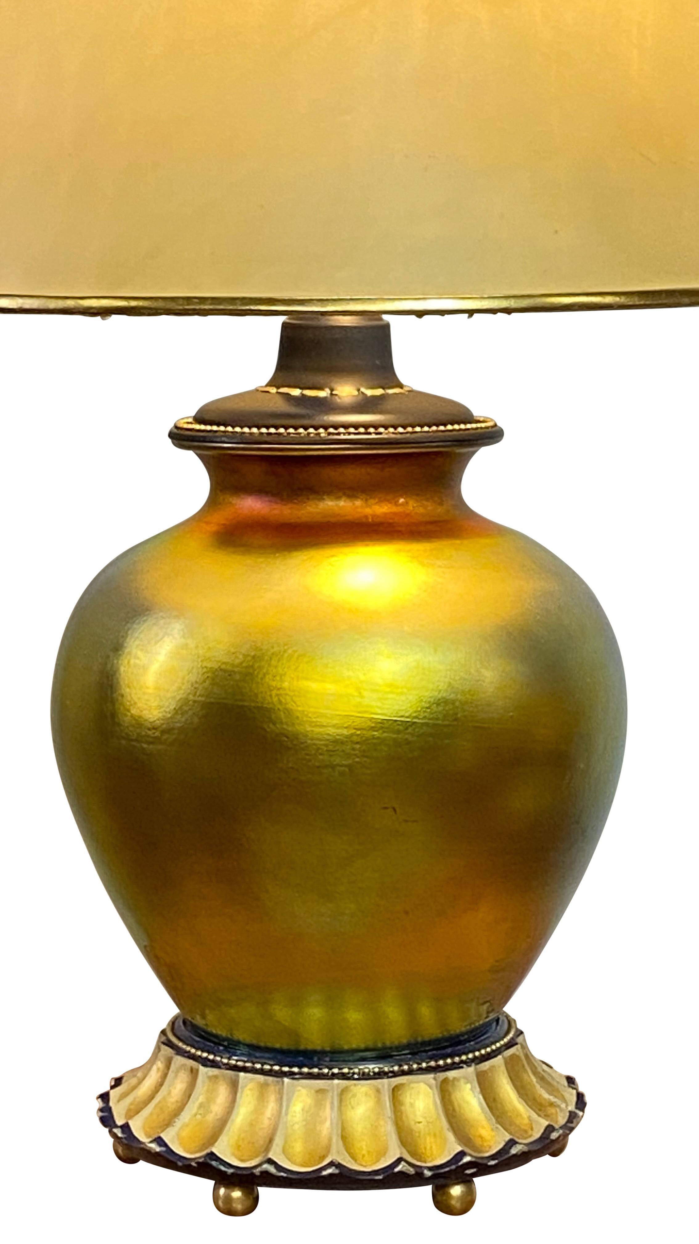 Art Nouveau Antique Steuben Gold Aurene Art Glass Table Lamp, Early 20th Century For Sale