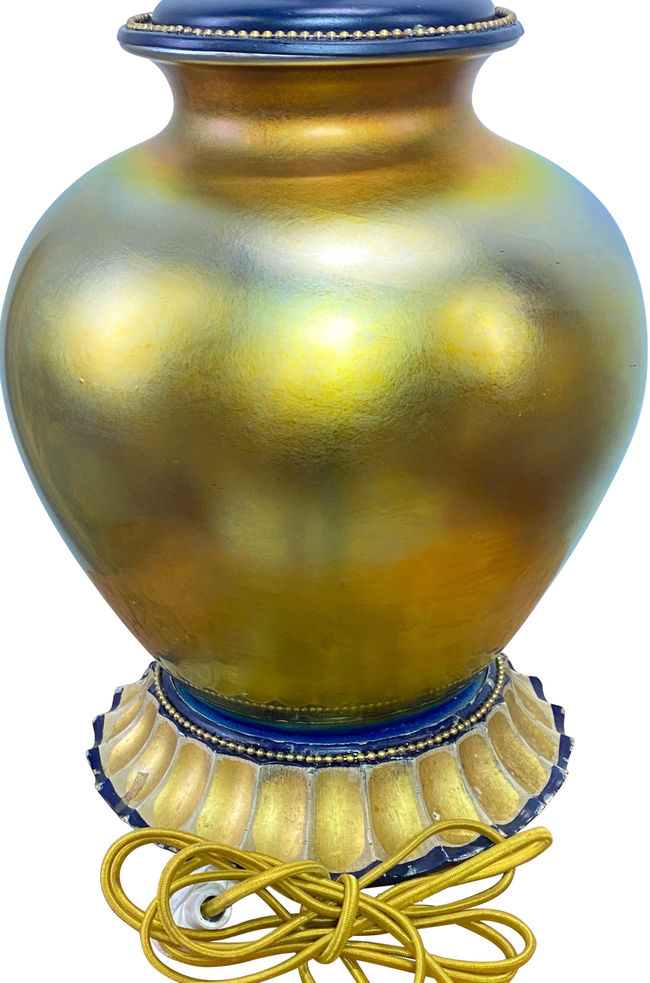 Antique Steuben Gold Aurene Art Glass Table Lamp, Early 20th Century In Good Condition For Sale In San Francisco, CA