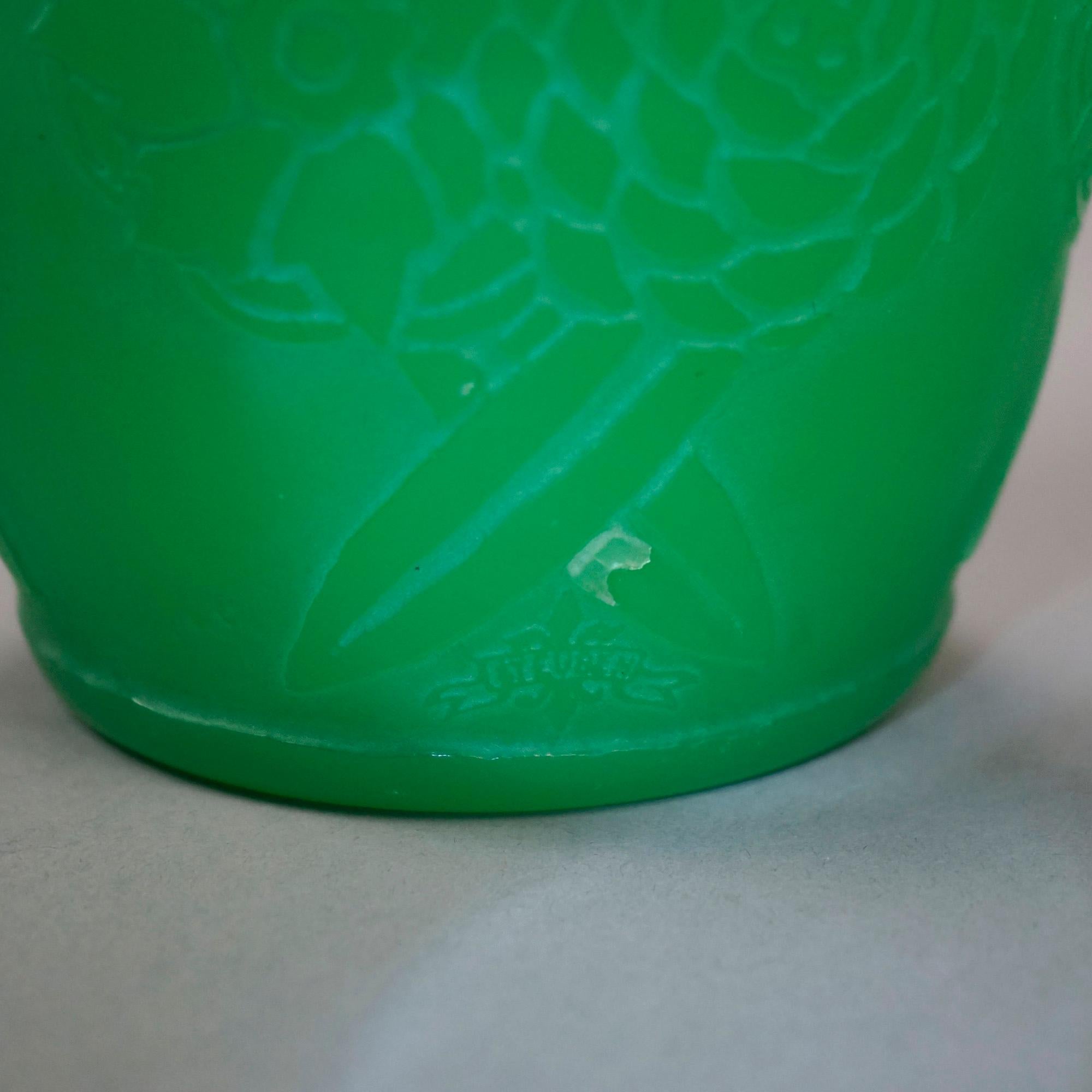 Antique Steuben Jade Green Art Glass Cutback Vase, Floral Design, Circa 1930 In Good Condition In Big Flats, NY