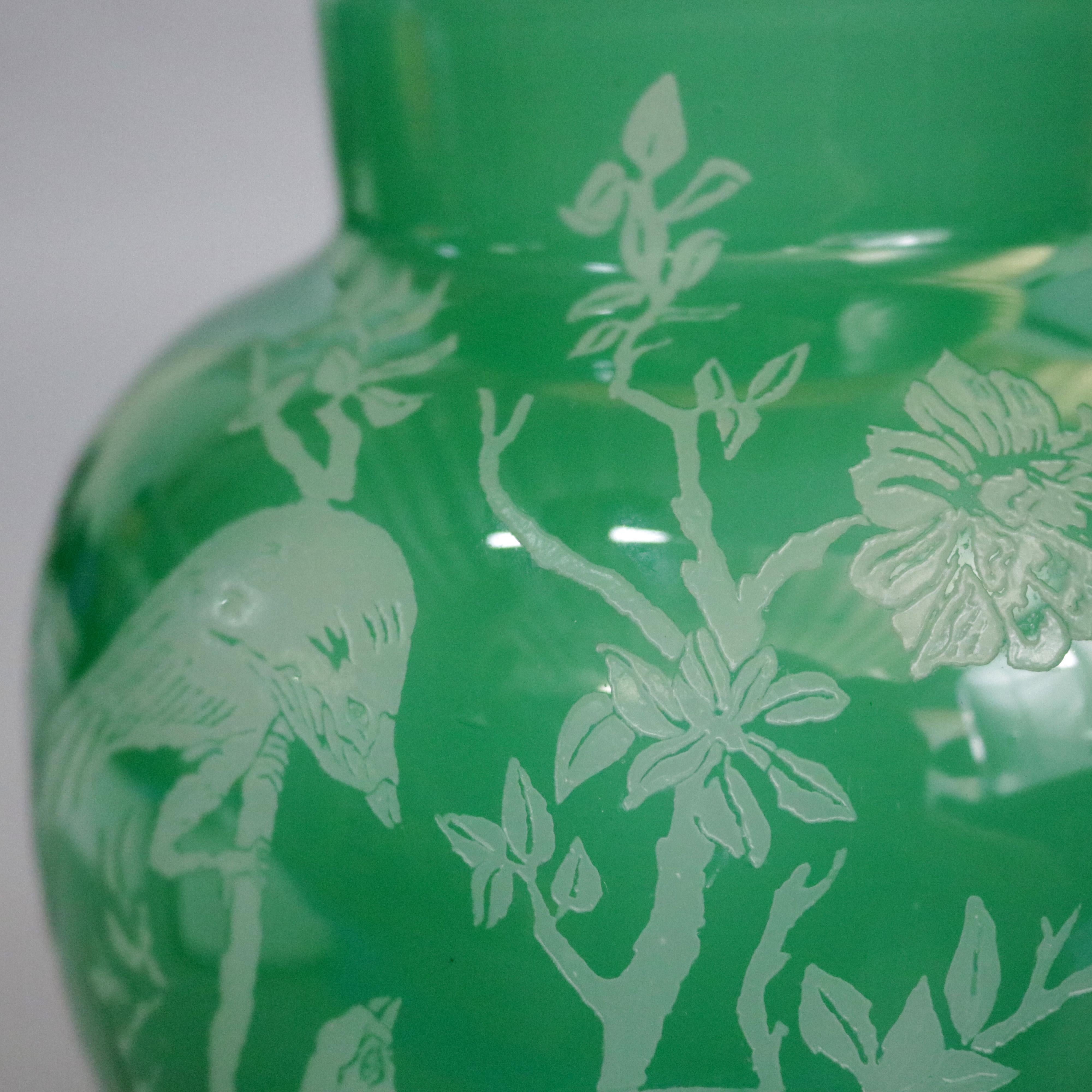 American Antique Steuben Jade Green Cut Back Asian Style Bird and Floral Vase, circa 1930