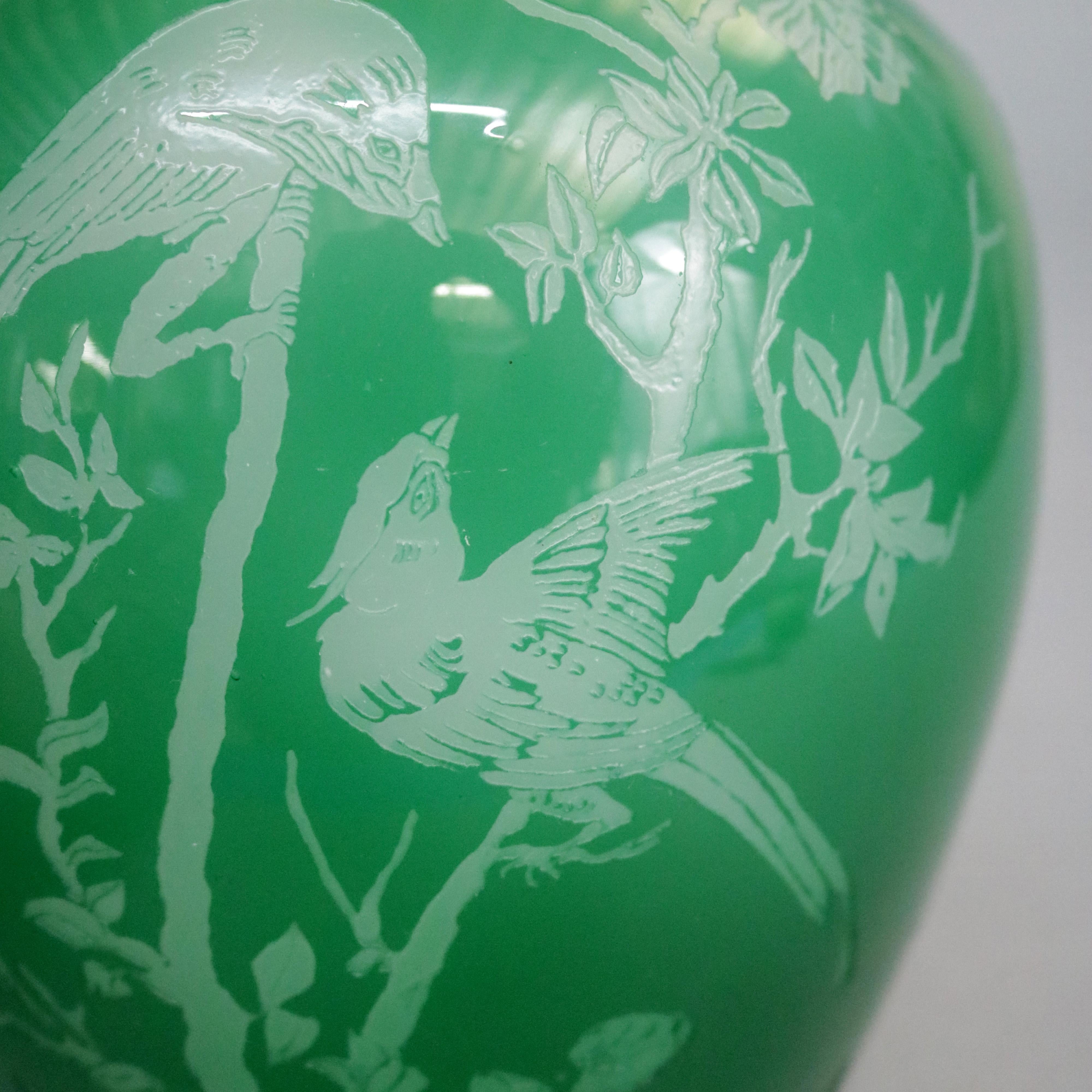 Hand-Crafted Antique Steuben Jade Green Cut Back Asian Style Bird and Floral Vase, circa 1930