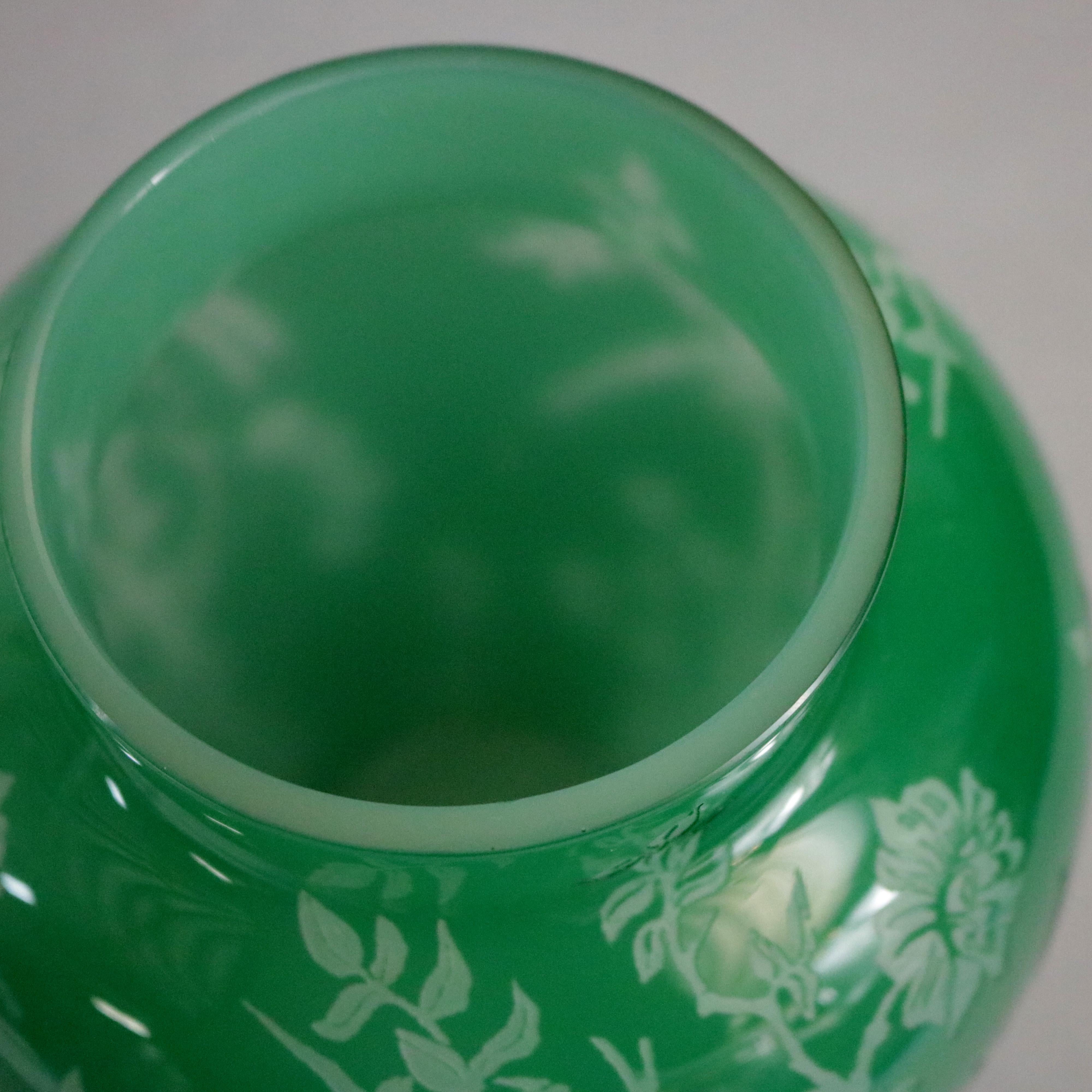 Antique Steuben Jade Green Cut Back Asian Style Bird and Floral Vase, circa 1930 In Good Condition In Big Flats, NY