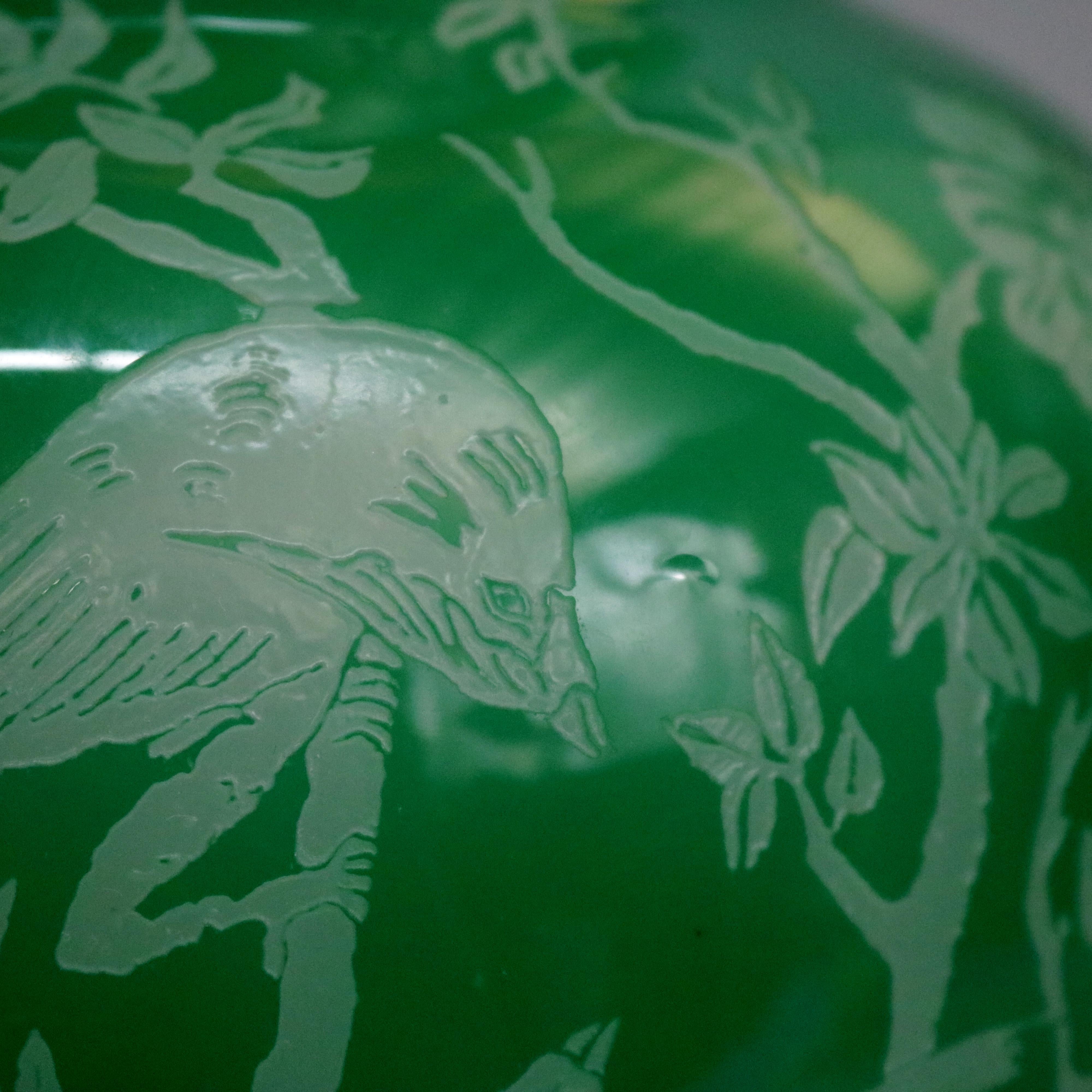 20th Century Antique Steuben Jade Green Cut Back Asian Style Bird and Floral Vase, circa 1930