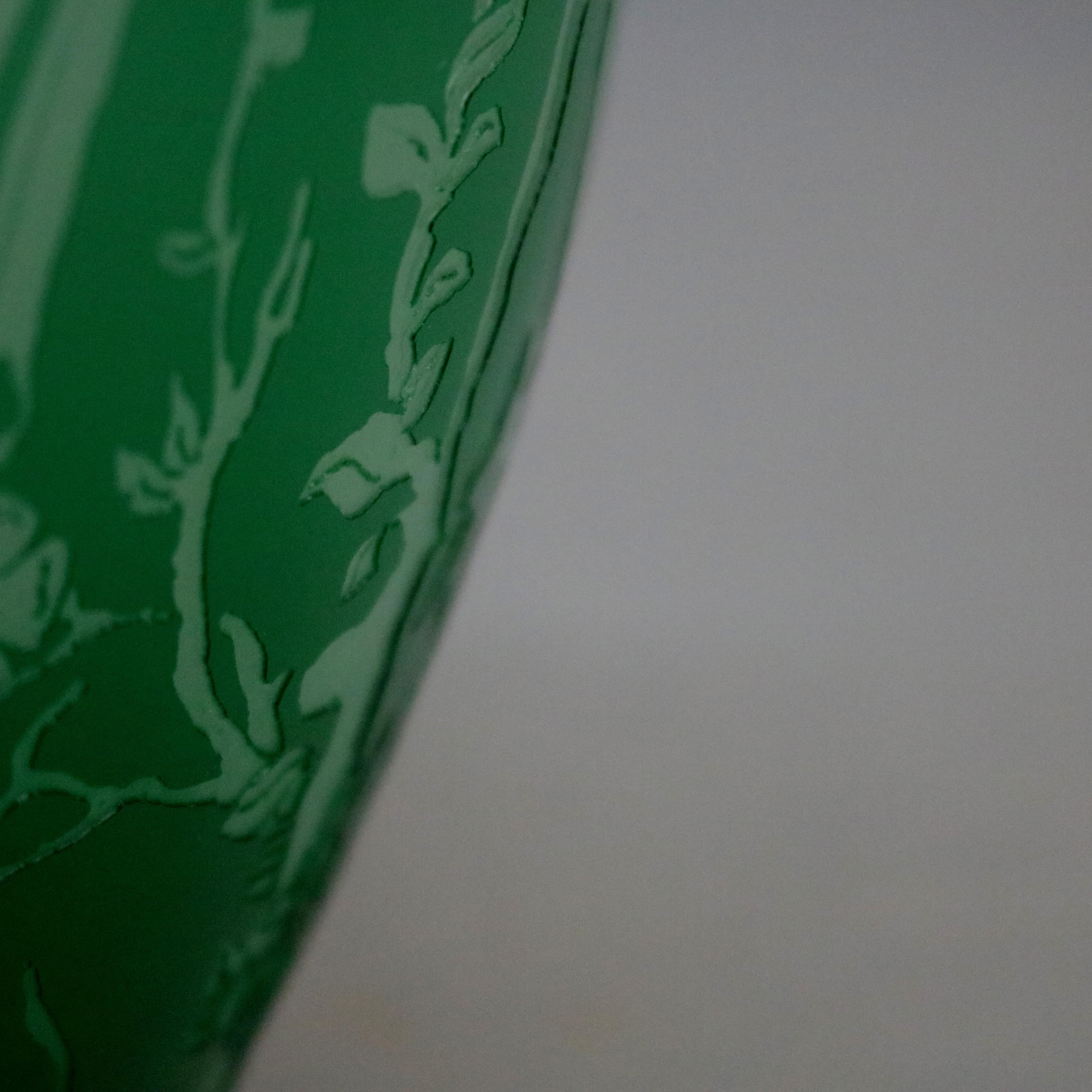 Art Glass Antique Steuben Jade Green Cut Back Asian Style Bird and Floral Vase, circa 1930