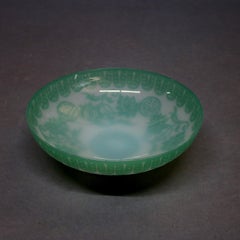 Antique Steuben Jade Green Cut Back Chinoiserie Center Bowl with Peonies