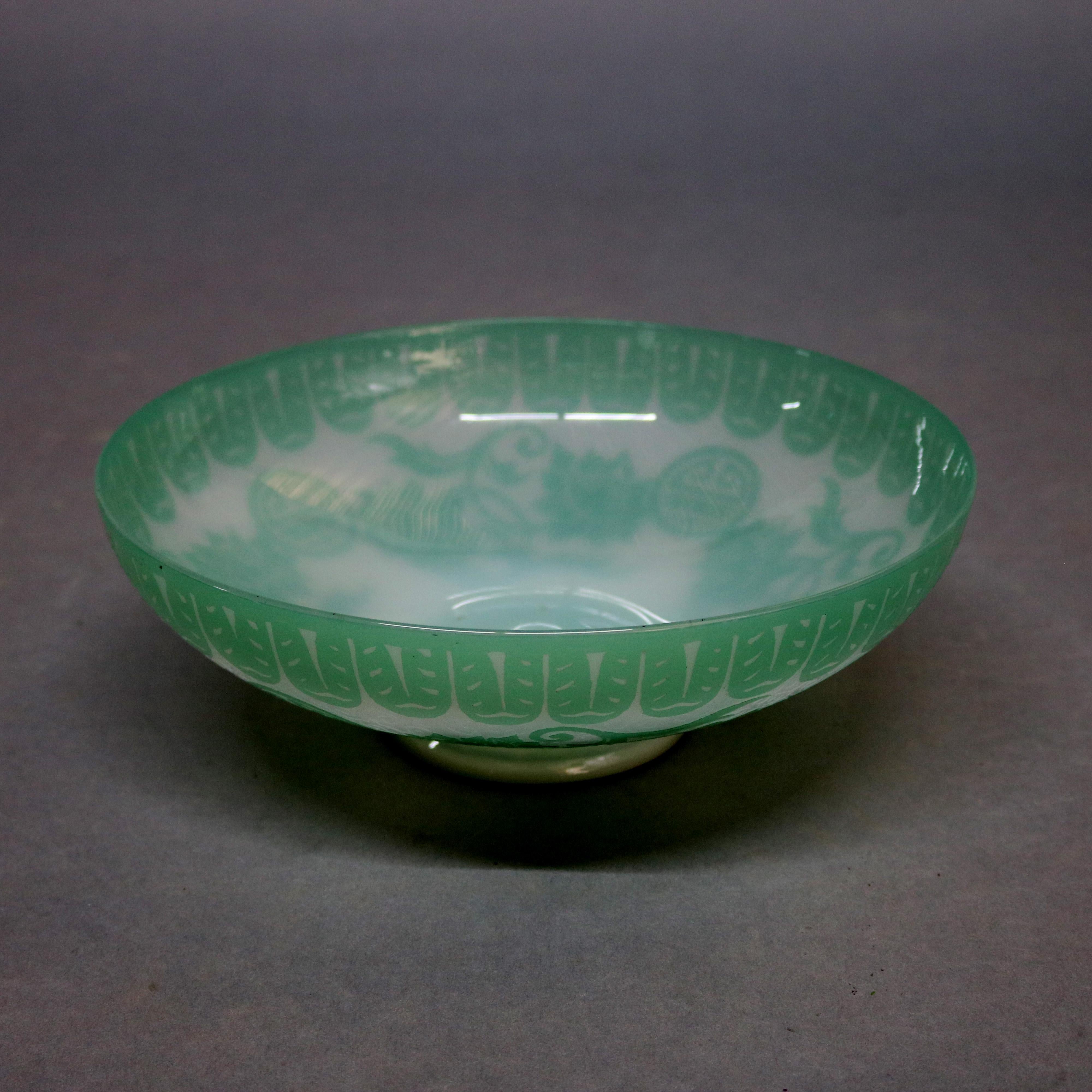 American Antique Steuben Jade Green Cut Back Chinoiserie Center Bowl with Peonies