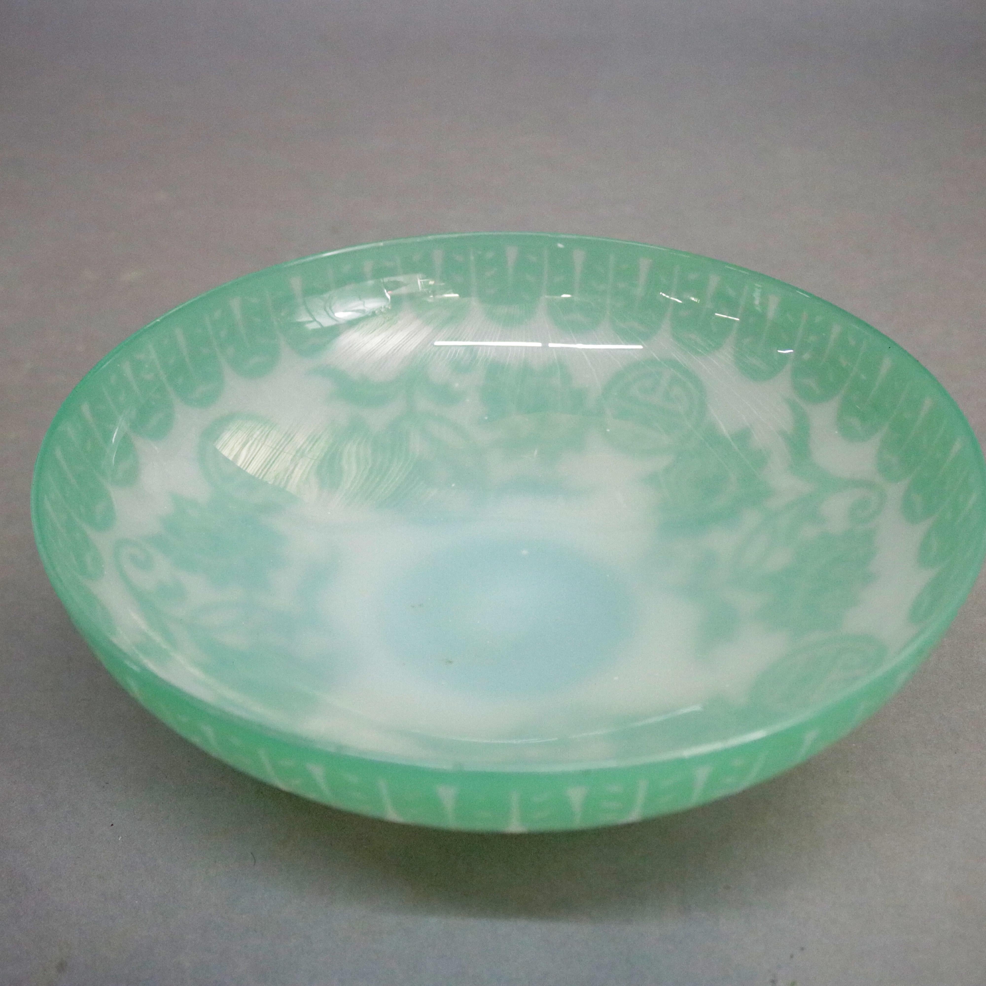 Etched Antique Steuben Jade Green Cut Back Chinoiserie Center Bowl with Peonies