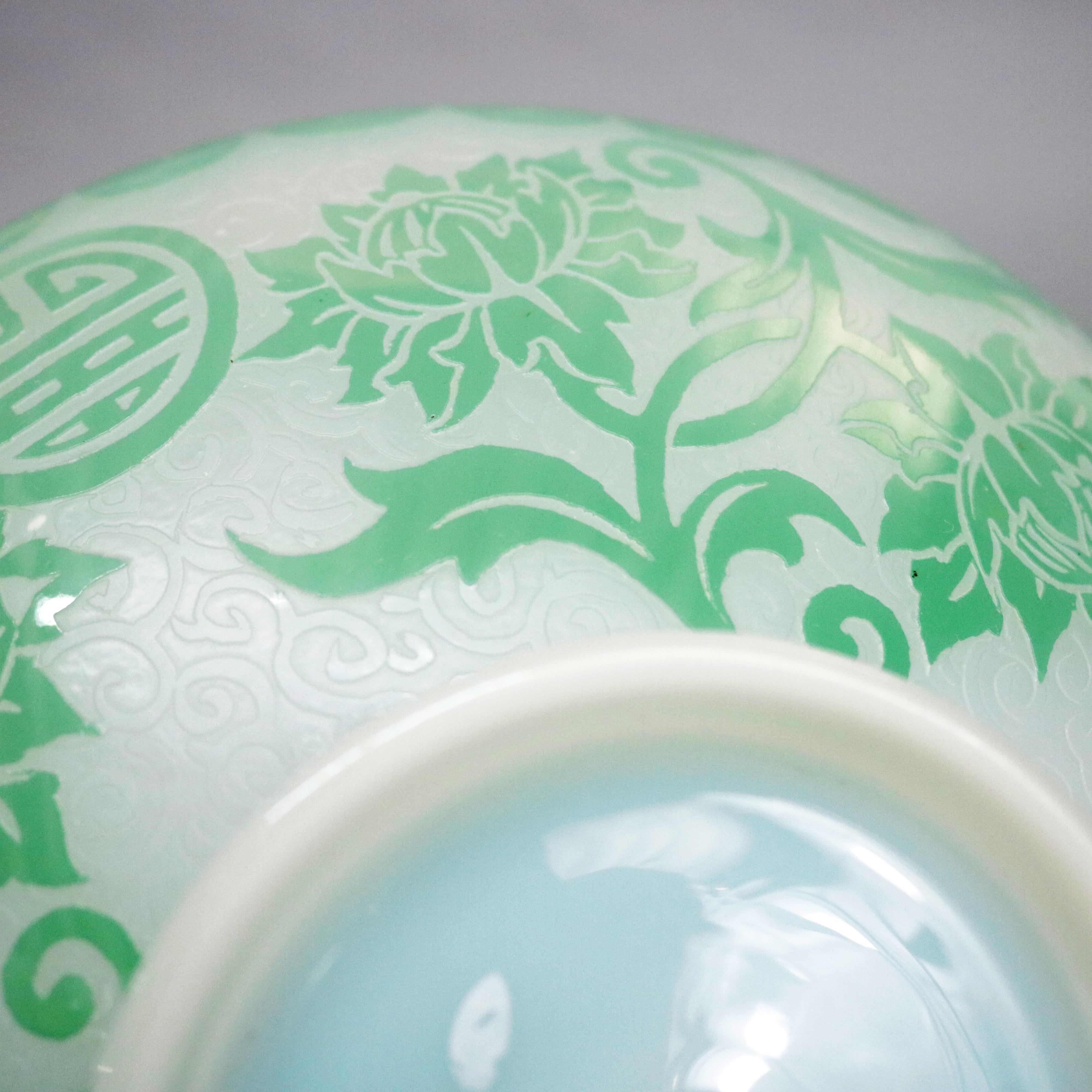 Antique Steuben Jade Green Cut Back Chinoiserie Center Bowl with Peonies 1