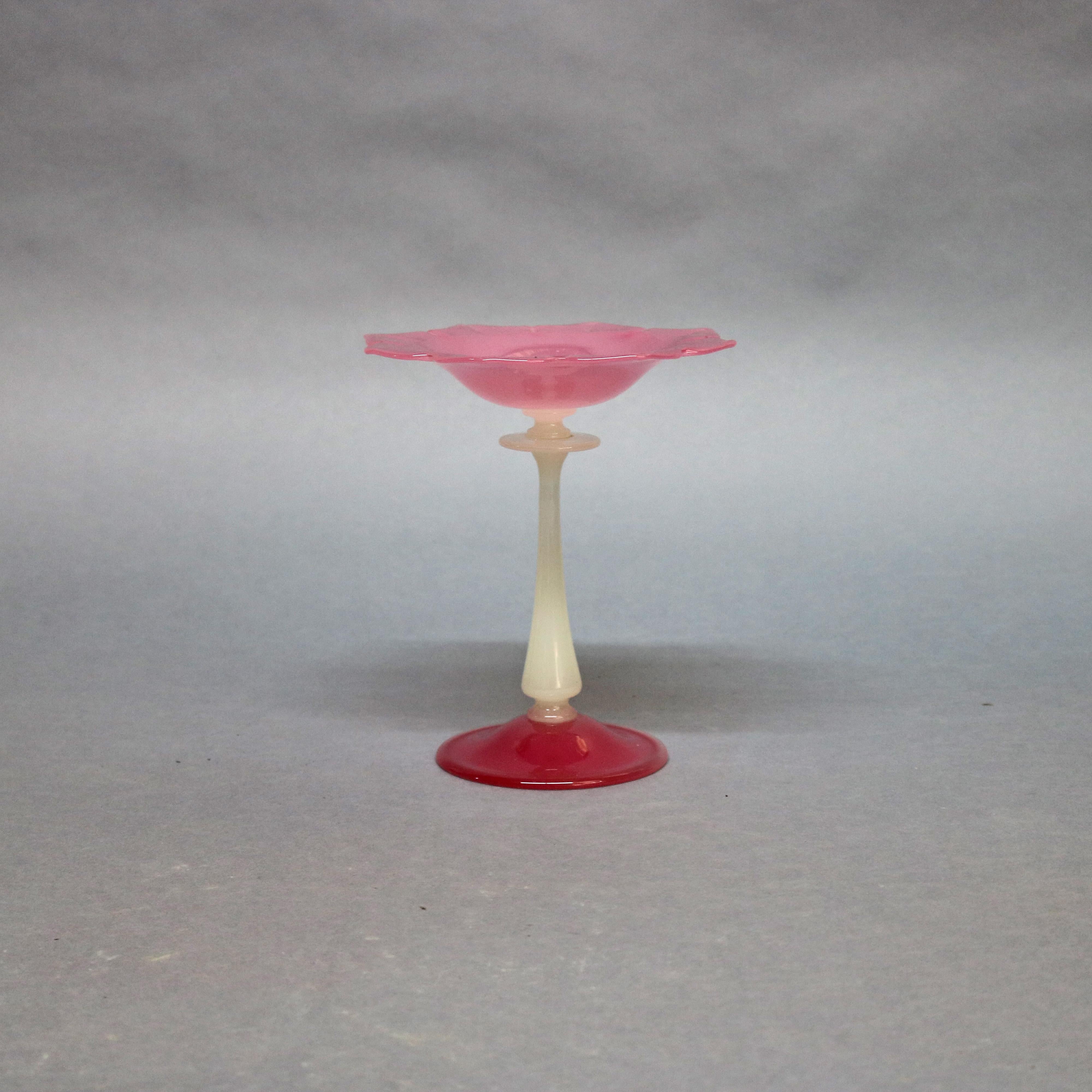 American Antique Steuben Rosaline & Alabaster Art Glass Floral Form Compote, circa 1930