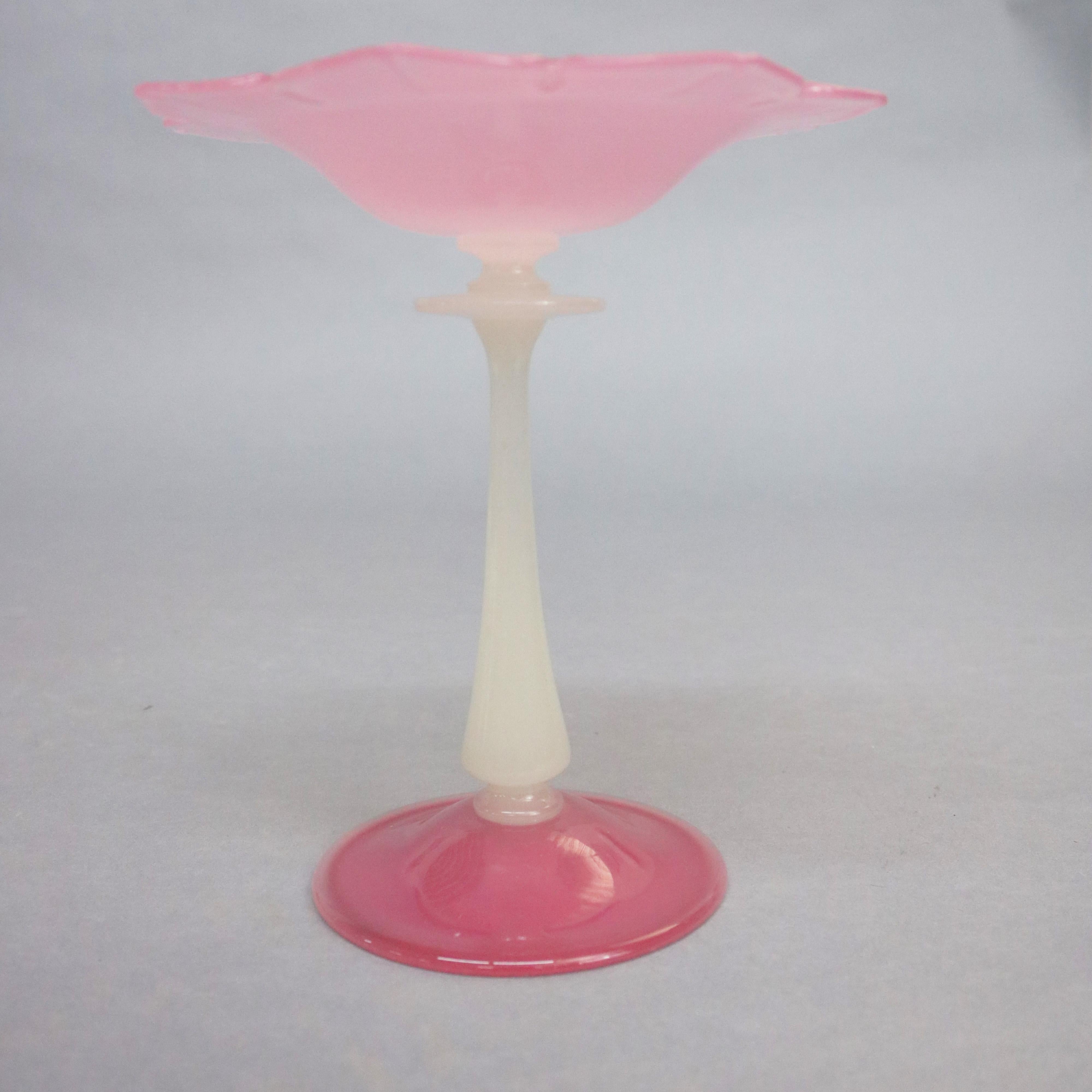 Antique Steuben Rosaline & Alabaster Art Glass Floral Form Compote, circa 1930 In Good Condition In Big Flats, NY