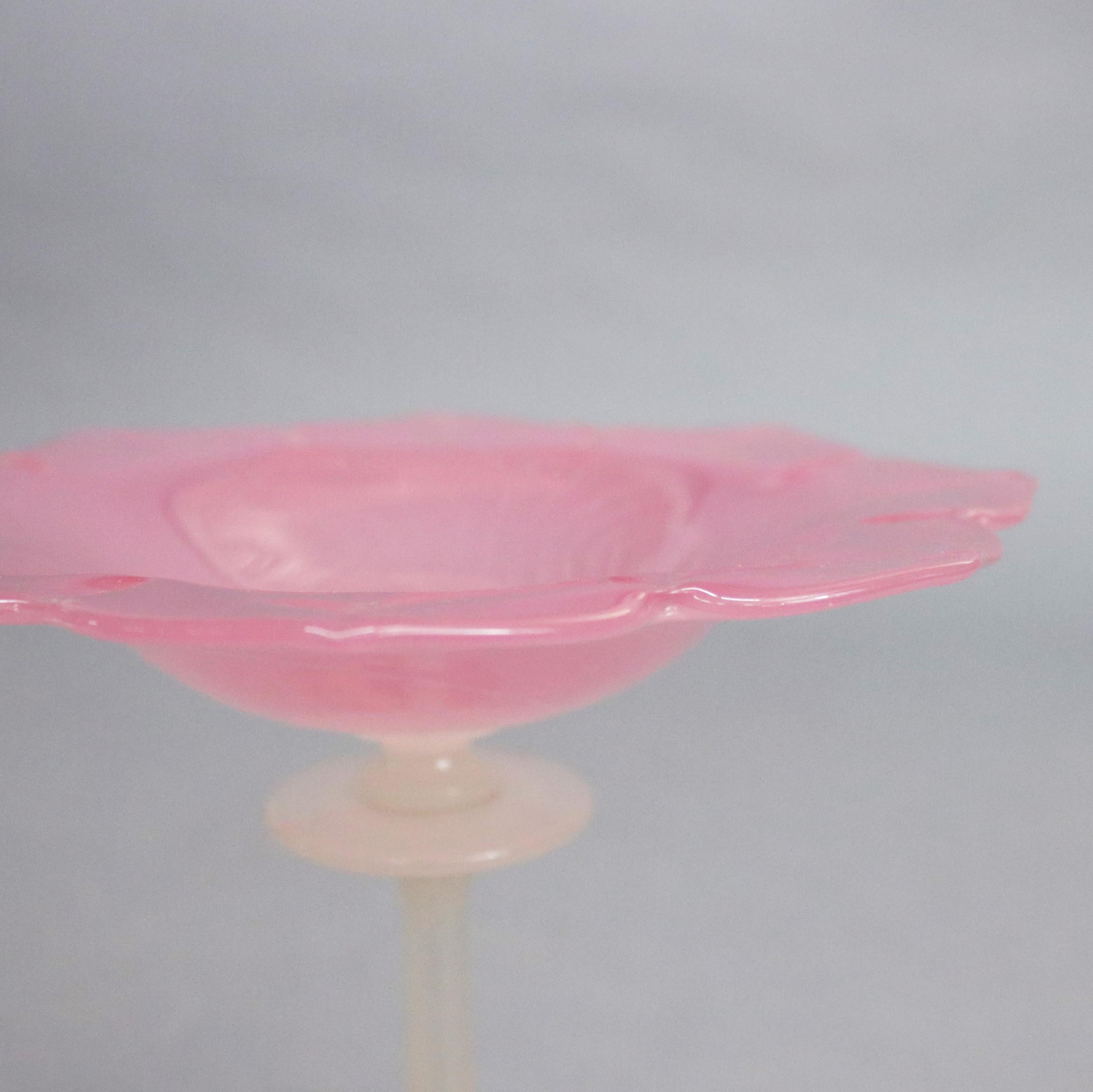 20th Century Antique Steuben Rosaline & Alabaster Art Glass Floral Form Compote, circa 1930