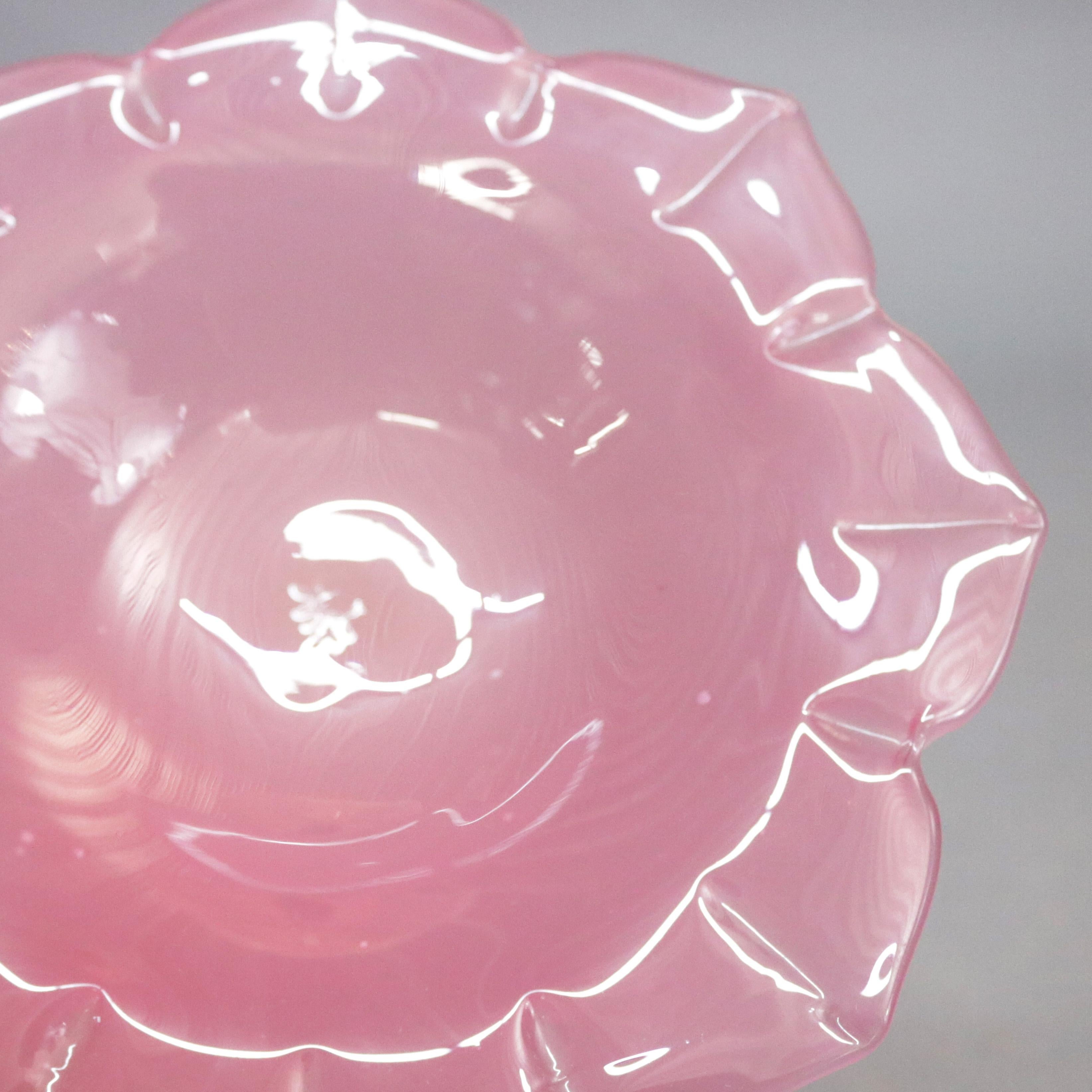 Antique Steuben Rosaline & Alabaster Art Glass Floral Form Compote, circa 1930 1